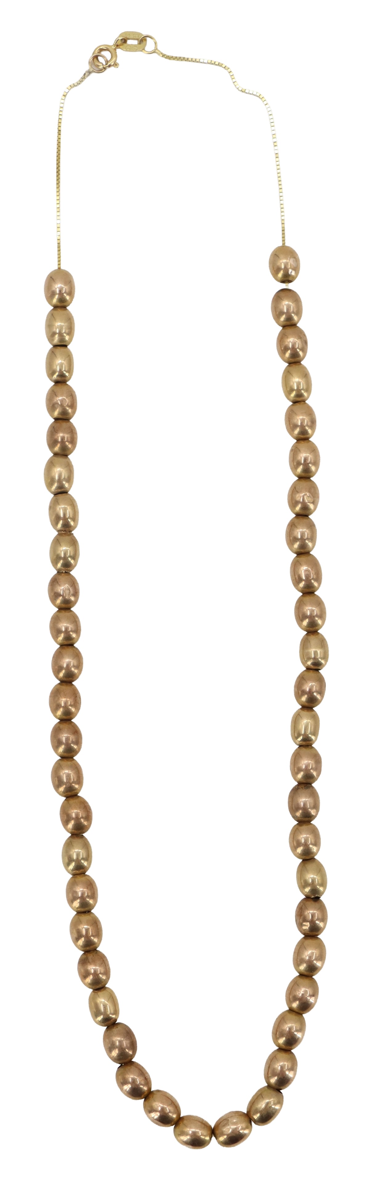 14k Gold Necklace - 10.1 g.: 14k Gold Necklace. Yellow gold. Chain marked 14k. Beads tested 14k. Length: 18 in. Weight: 6.4 dwt. 10.1 g. 