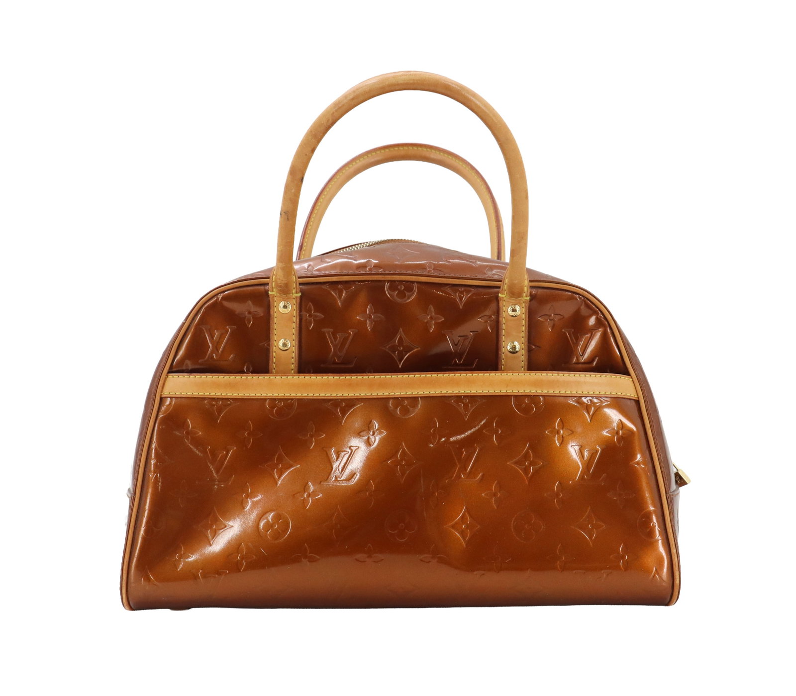 Louis Vuitton Vernis Tompkins Square Handbag with Certificate of Authenticity: Louis Vuitton Vernis Tompkins Square Handbag with Certificate of Authenticity. Bronze hued leather with natural cowhide trim. Comes with a brown dust bag with the company name on it, along with the ce