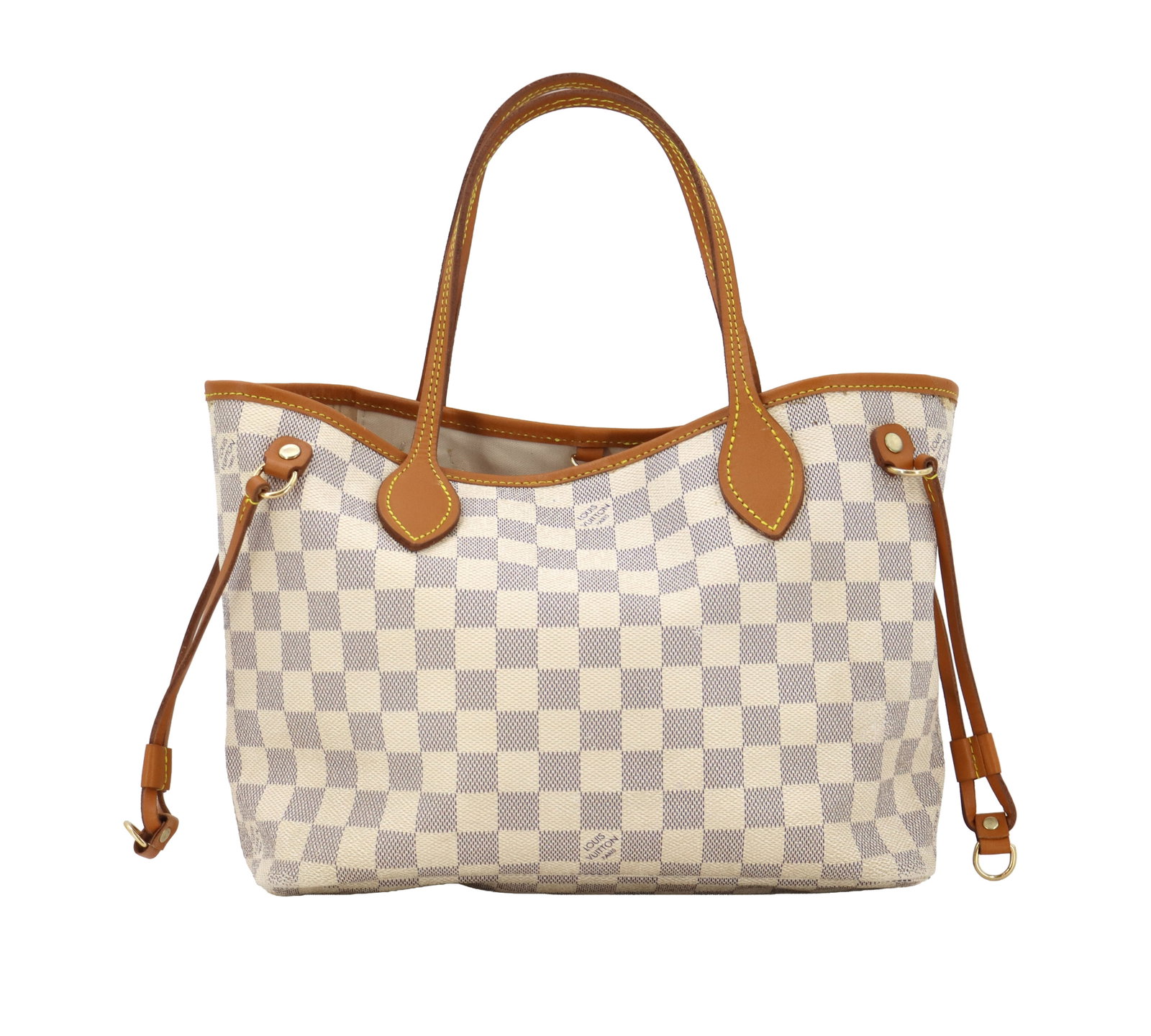 Louis Vuitton Neverfull PM Damier Azur Canvas Tote Bag: Louis Vuitton Neverfull PM Damier Azur Canvas Tote Bag. Comes with tan dustbag. Condition: Interior stains, some visible on exterior. Size: 12 1/2 x 15 x 3 in. Louis Vuitton Malletier, commonly known 