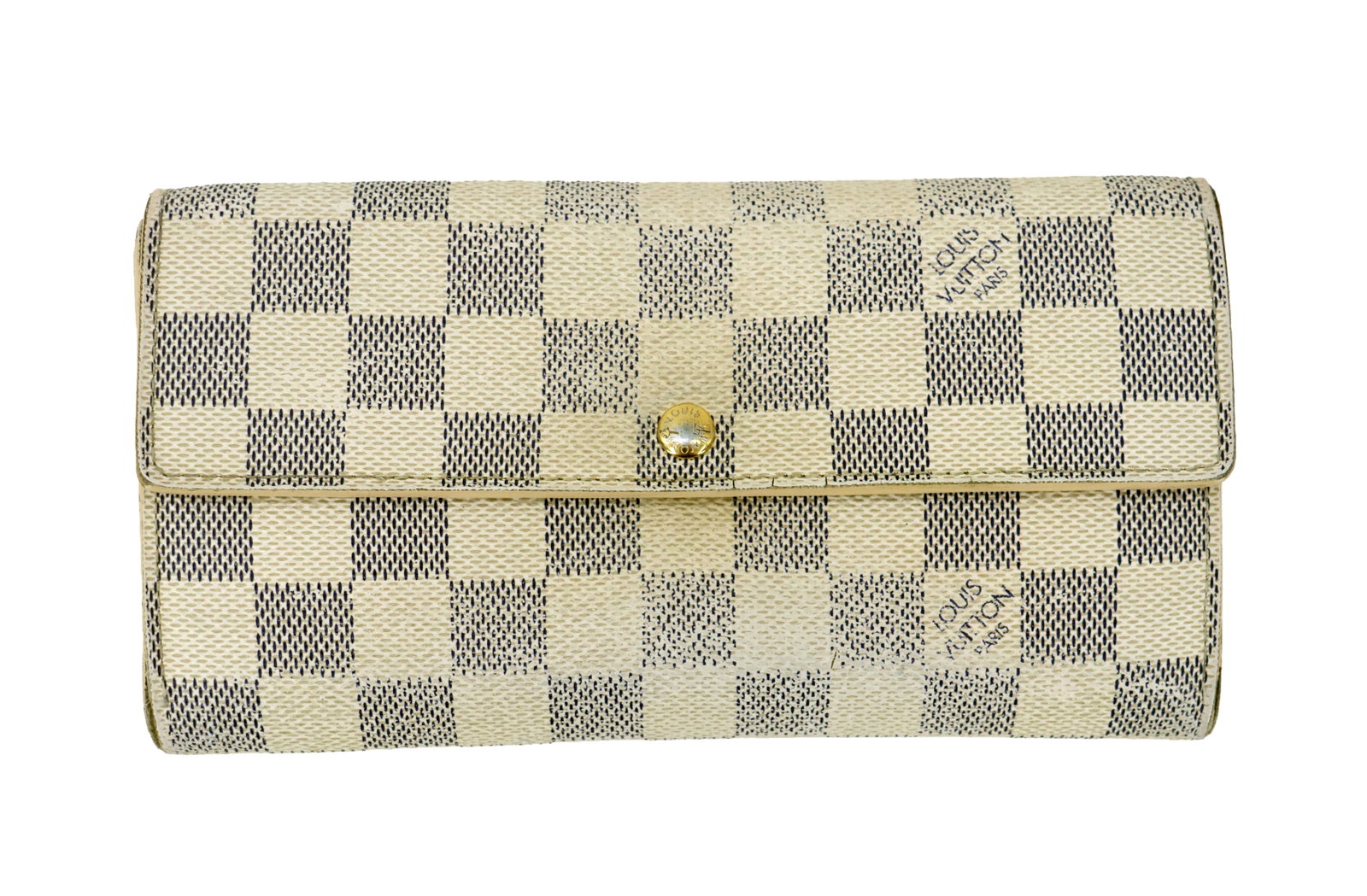 Louis Vuitton Damier Azur Canvas Sarah Wallet in Original Packaging: Louis Vuitton Damier Azur Canvas Sarah Wallet in Original Packaging. Accompanied by original box and dustbag. Marked "Made in France" inside. Box: 8 1/4 x 5 1/2 x 1 3/4 in. Size: