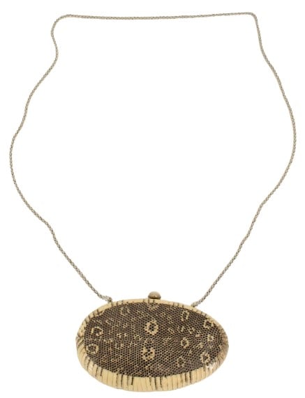 Bennett Liberty Vintage Handbag: Bennett Liberty Vintage Handbag. Oval Minaudiere in Java Ring Lizard with rutilated quartz Cabochon Closure. Condition: Small stain to interior lining near top. Size: 6 x 2 x 4 in. Be