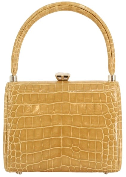 Bennett Liberty Vintage Handbag: Bennett Liberty Vintage Handbag. Carlyle Box Bag in Latte Colored Alligator with Smoky Quartz Closure. Condition: Two small spots on exterior of black. Some staining on interior near top. S