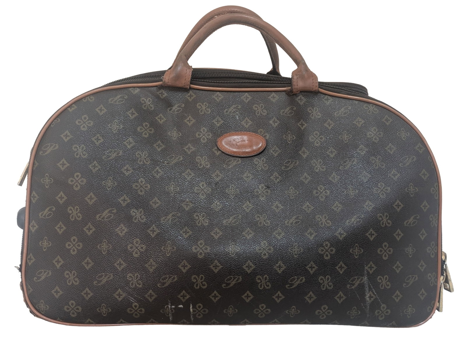 Vintage Coated Canvas Wheeled Duffle Luggage Bag in the Style of Louis Vuitton: Vintage Coated Canvas Wheeled Duffle Luggage Bag in the Style of Louis Vuitton. Made to look perfectly like the iconic brand from a distance. Size: 16 1/2 x 19 x 38 1/2 in. 