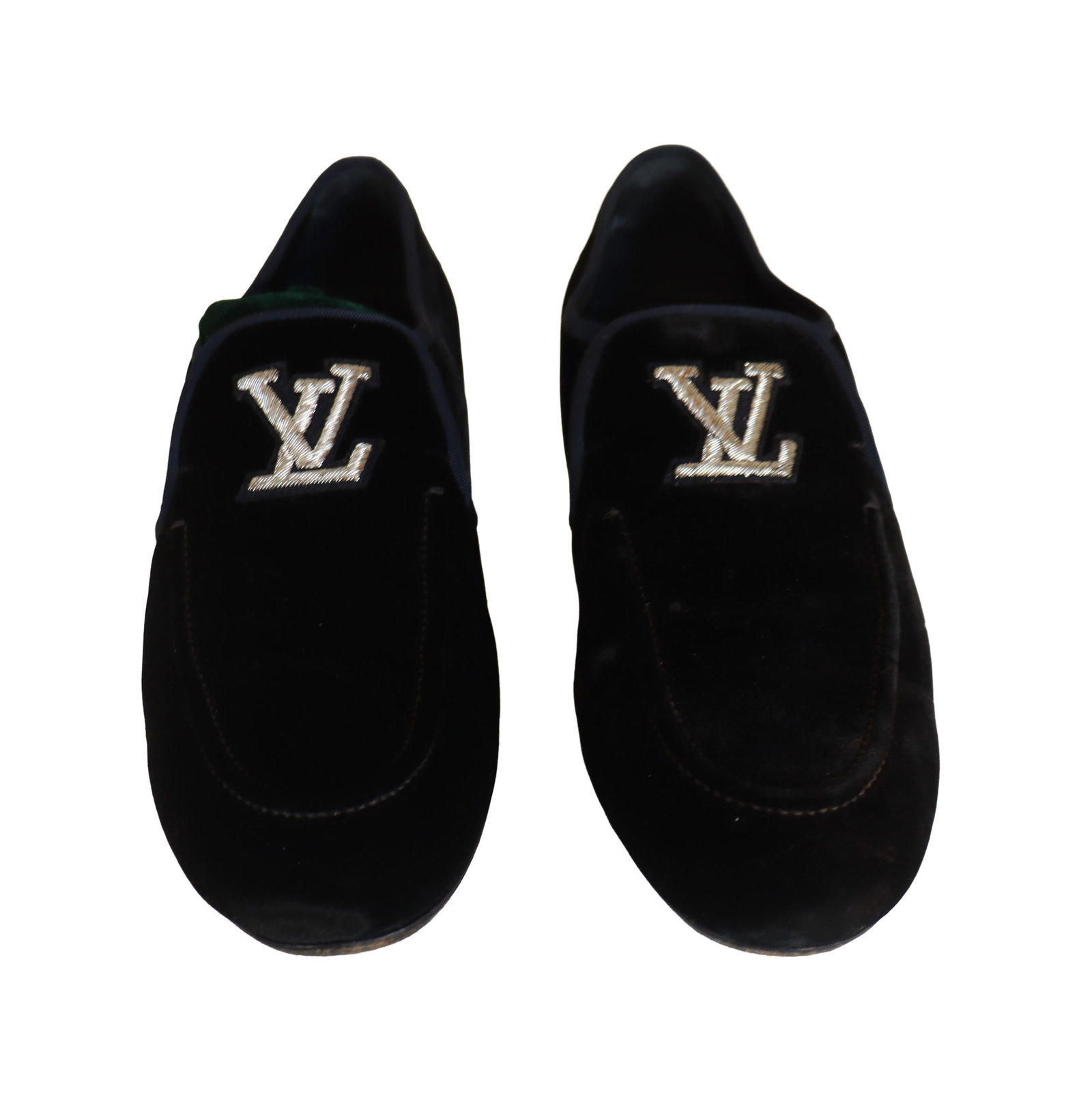 Pair of Louis Vuitton Monogram Embroidered Velvet Loafers: Pair of Louis Vuitton Monogram Embroidered Velvet Loafers. Leather sole. Low stacked heel. Rounded toe. Premium black velvet uppers decorated with a distinct, metallic-thread embroidered LV initials l