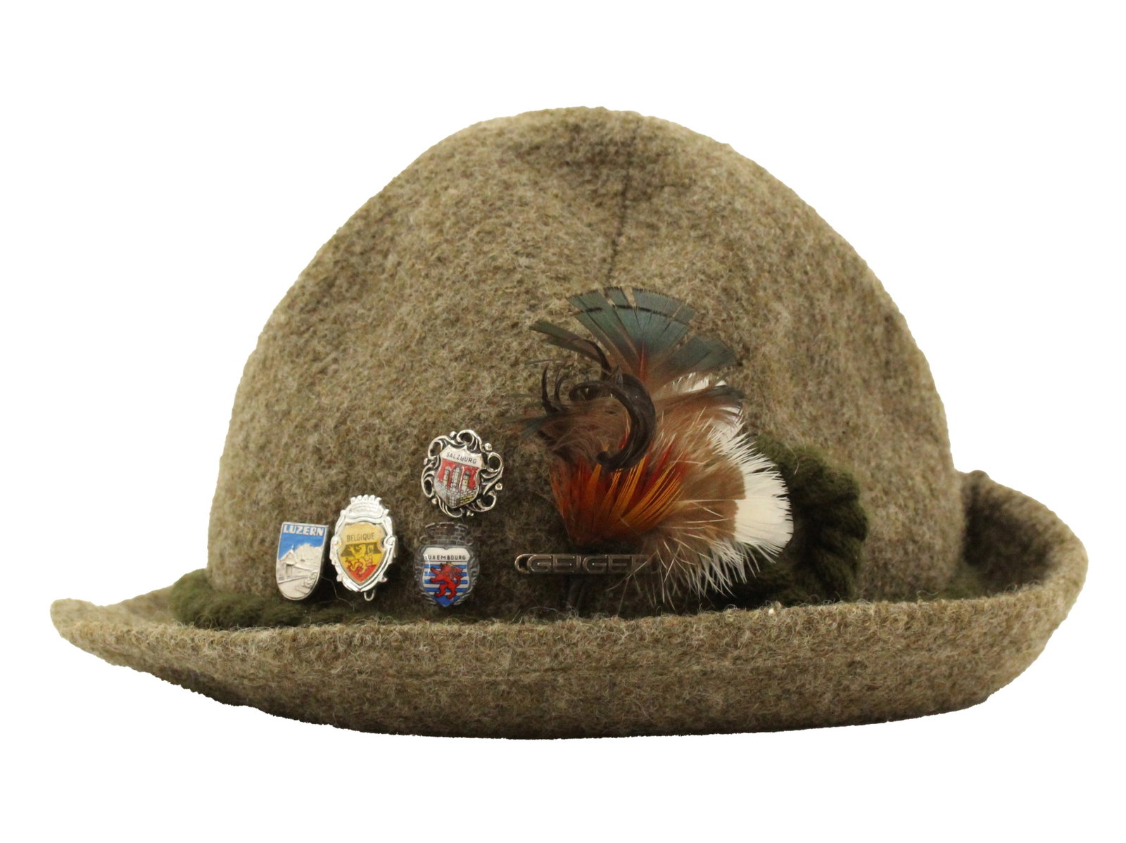 Vintage German Alpine Hat with Souvenir Pins: Vintage German alpine fedora hat with small collection of souvenir pins. Group includes feather pin and pins from Luxemburg, Belique, Luzern, and Salzburg. Size: 10 1/2 x 9 1/2 x 5 1/2 in. #2430