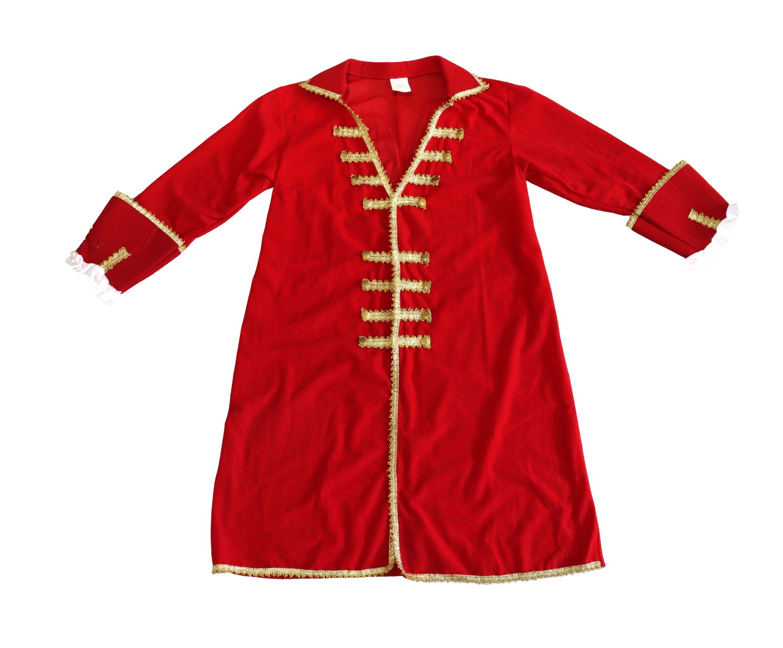Red Velvet Pirate Captain Costume Jacket: Red Velvet Pirate Captain Costume Jacket. Red costume coat trimmed with metallic gold braid along the lapels, hem, and cuffs, featuring decorative military-style chest braid and white ruffled sleeve a