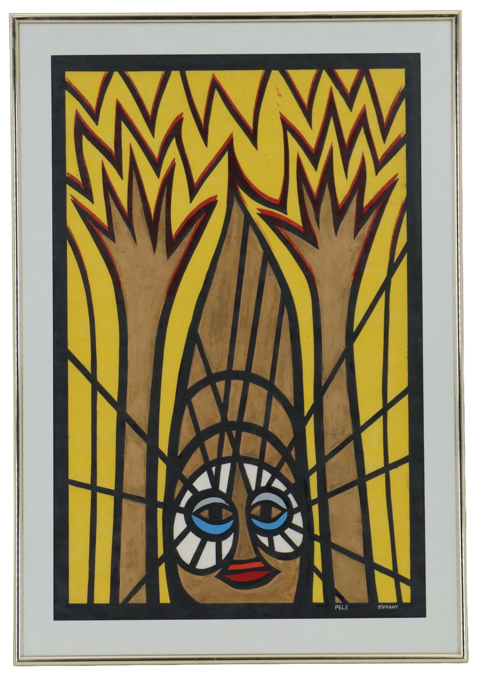 Lee Tiffany (21st Century) Nigerian, Stylized Linocut Print "Pele": Lee Tiffany (21st Century) Nigerian, Stylized Linocut Print "Pele". A figure with tall hair and arms upstretched, with thick defining lines. Signed and titled at bottom. Overall Size: 