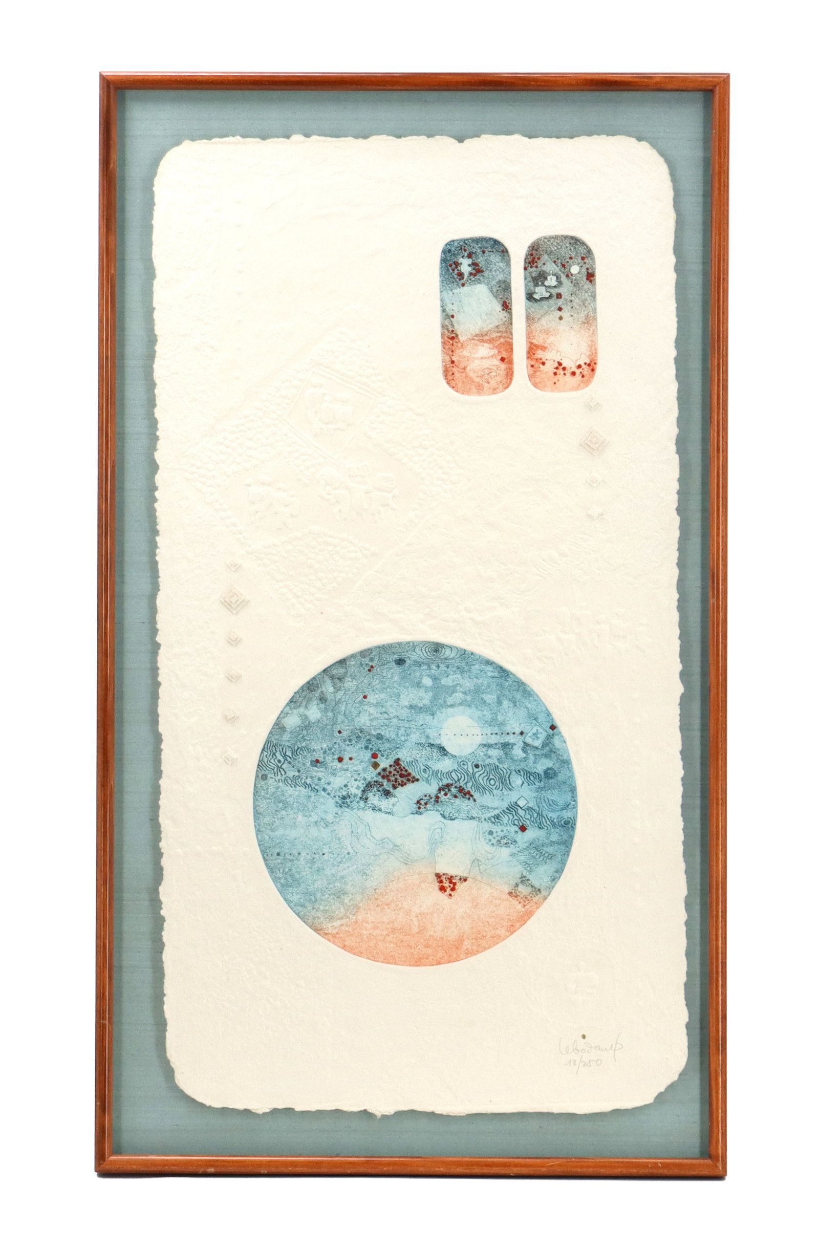 Hoi Lebadang (1921-2015) Vietnamese/French, Mixed Media "L'Autre Monde": Hoi Lebadang (1921-2015) Vietnamese/French, Mixed Media "L'Autre Monde". Mixed-media artwork features an embossed piece of handmade paper with deckled edges, showcasing a large circular 