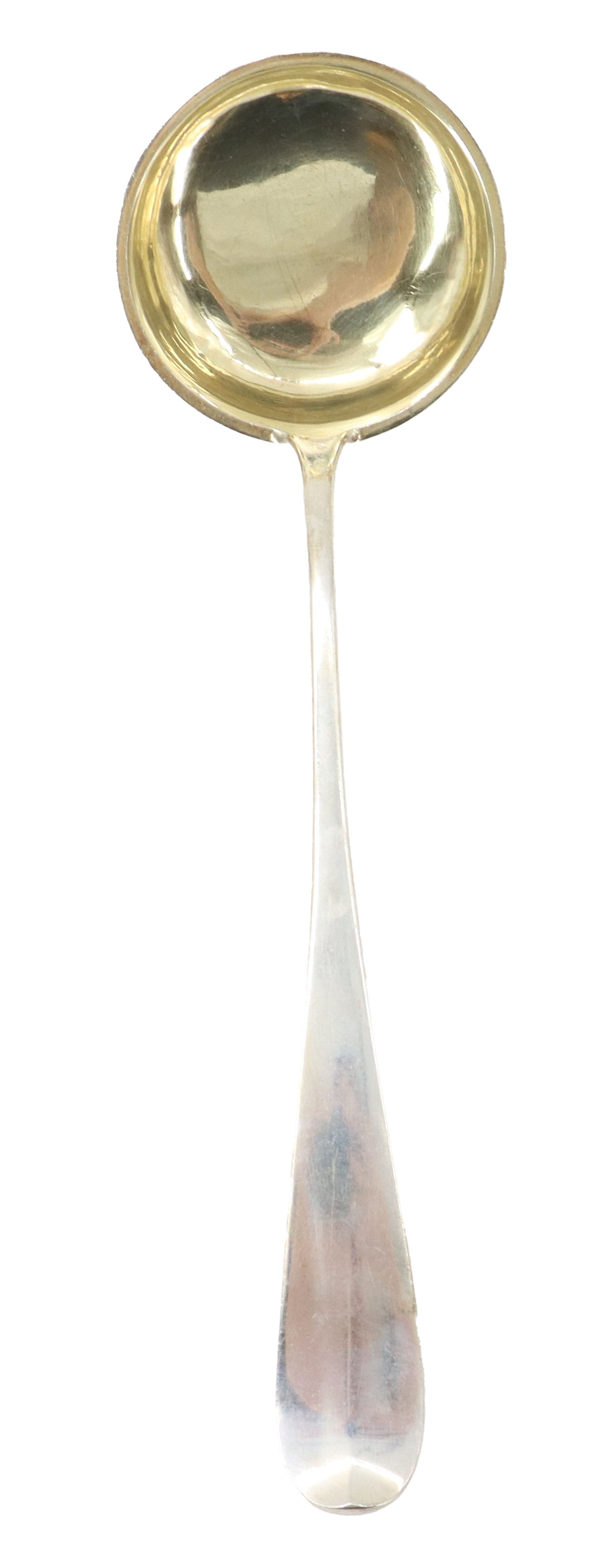 German Coin Silver Ladle in Original Box - 4.550 ozt.: German Coin Silver Ladle in Original Box - 4.550 ozt.. Antique silver soup or punch ladle featuring a smooth, flared handle and a round bowl with a vermeil (gilded silver) interior. Box Size: 4 1