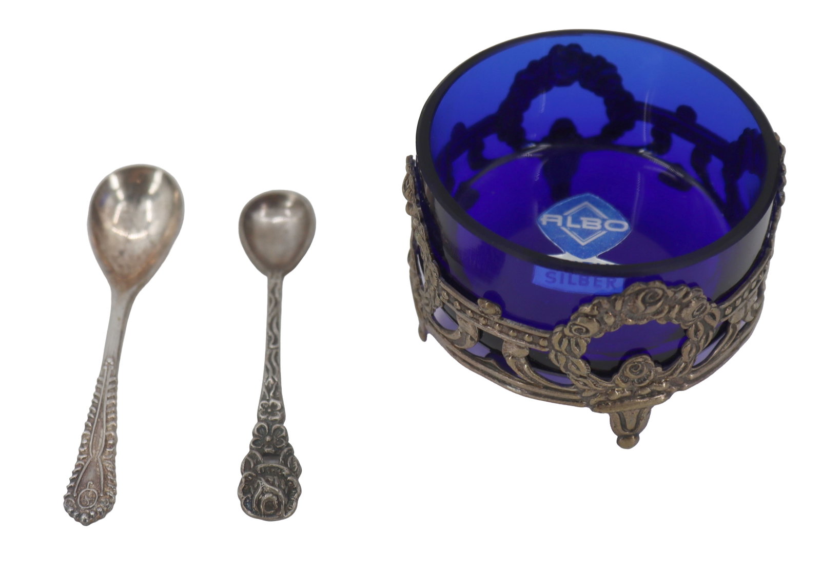 Antique European Silverplated Salt Cellar and (2) Various Spoons (1 of 7)