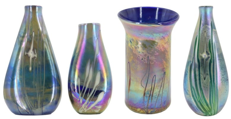 (4) Stephen Fellerman (Born 1951) American, Iridescent Art Glass Vases: (4) Stephen Fellerman (Born 1951) American, Iridescent Art Glass Vases. (2) Iridescent Art Glass Vases. One larger than the other, both with milky white streaks in reed like forms up the body of