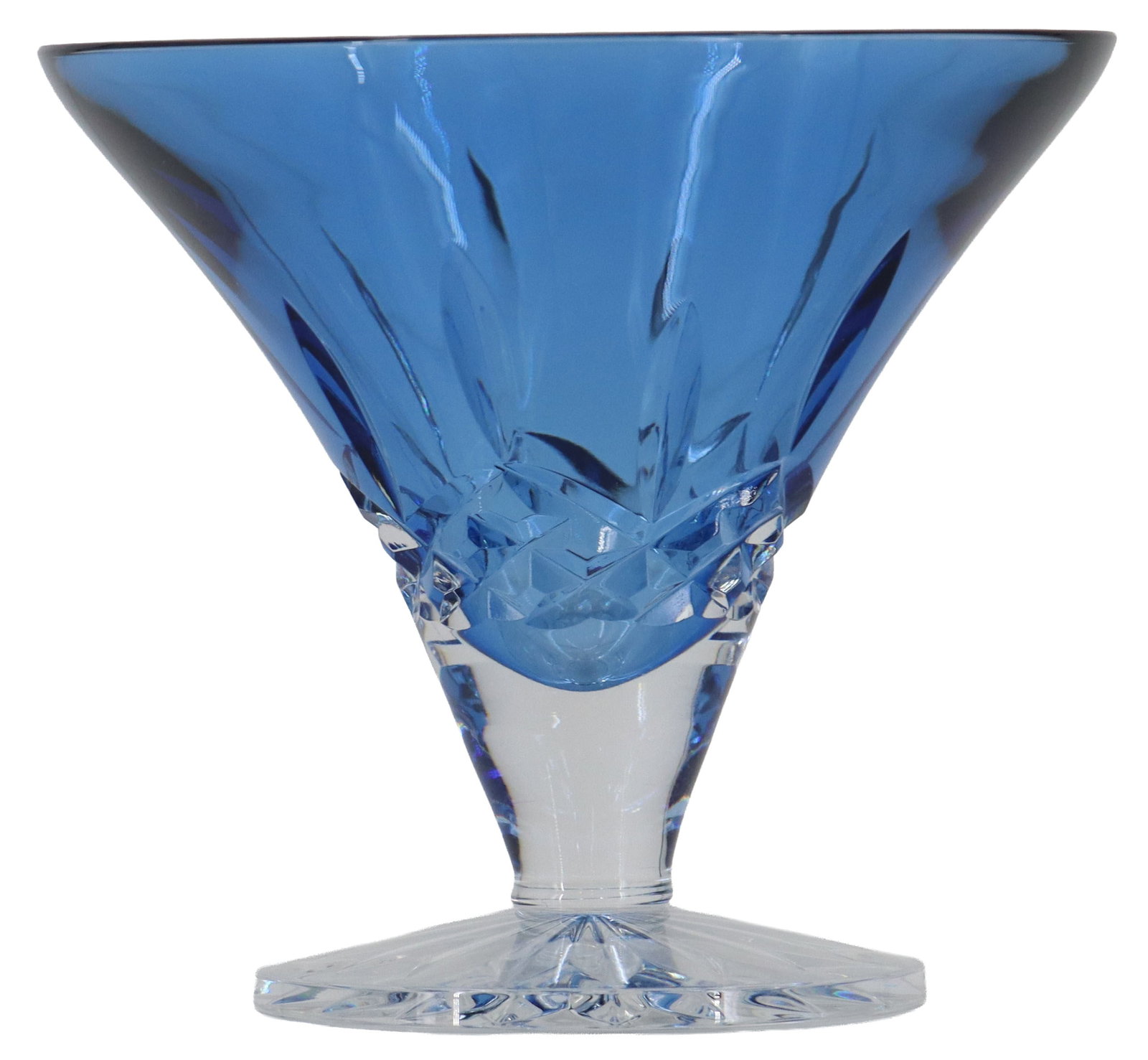 Waterford Crystal Lismore Sapphire Footed Bowl: Waterford Crystal Lismore Sapphire Footed Bowl. Featuring a deep blue color and signature cut crystal design. Marked on the underside. Size: 4 1/2 x 5 x 5 in. Waterford Crystal is a