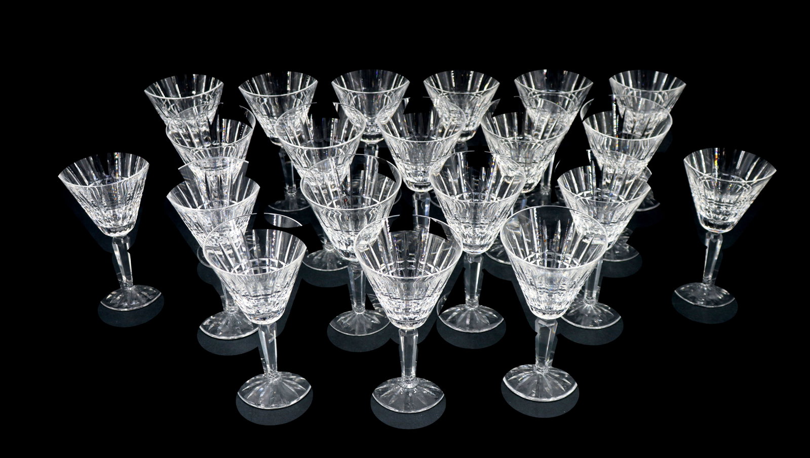 (20) Waterford Crystal Glenmore Claret Wine Glasses: (20) Waterford Crystal Glenmore Claret Wine Glasses. Marked on undersides. Size: 7 x 4 in. Waterford Crystal is a manufacturer of lead glass or “crystal,” especially in cut gla