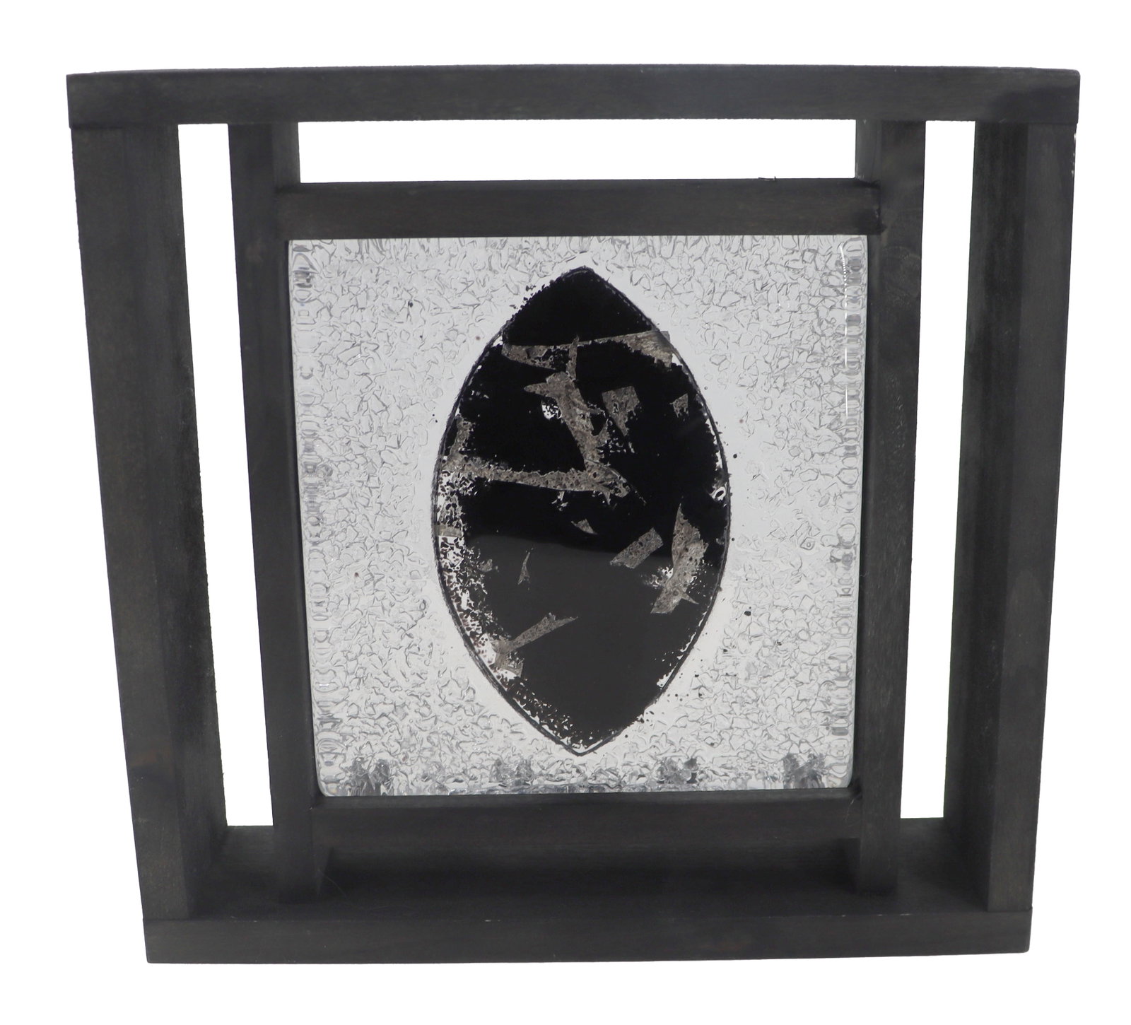 Monica Bakcstrom for Kosta Boda "Frozen Images" Glass Sculpture: Monica Bakcstrom for Kosta Boda "Frozen Images" Glass Sculpture. Square, textured clear glass panel centered with an oval black motif with silver leaf accents, all suspended within an open,