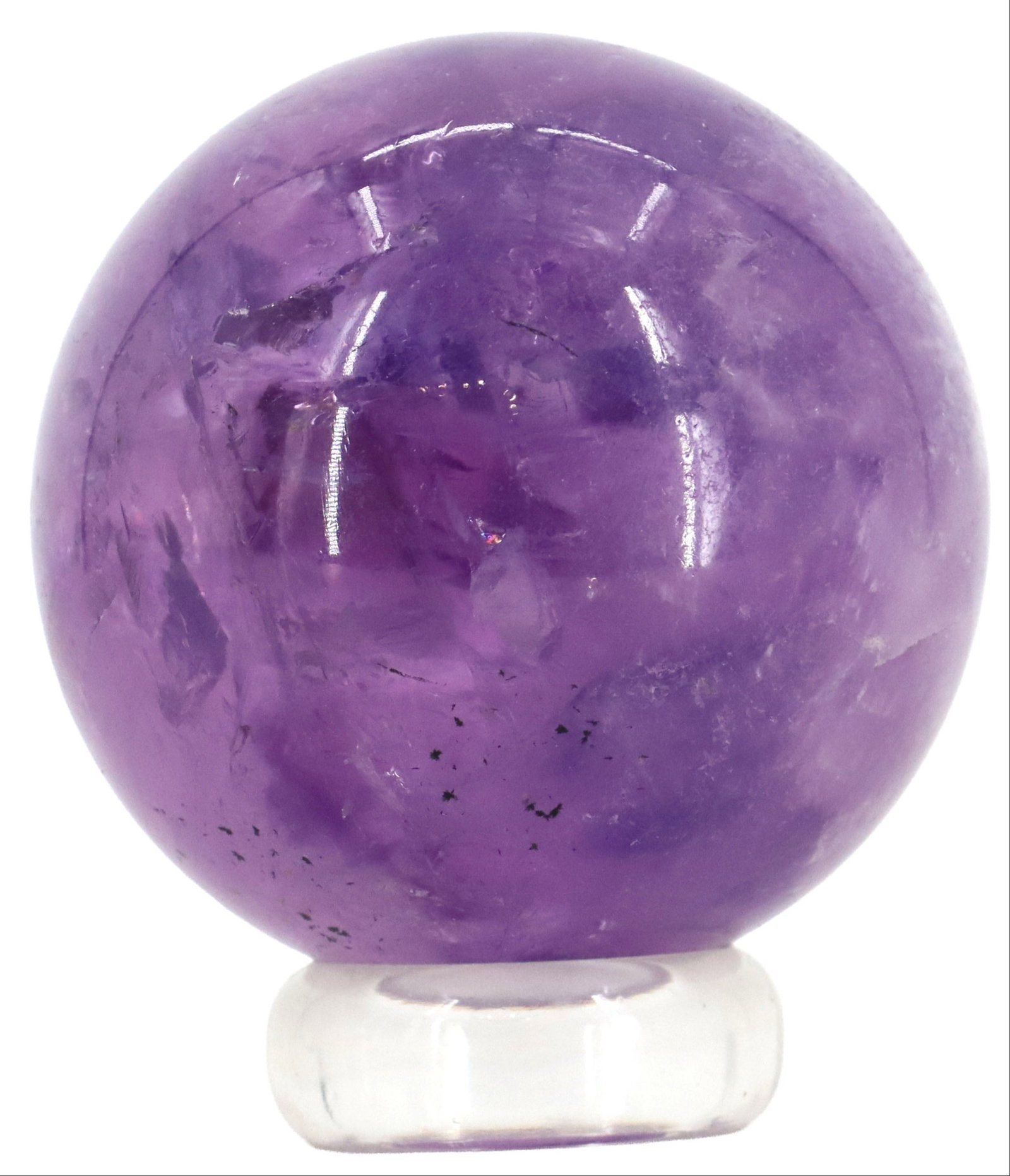 Deep Purple Amethyst Sphere on Clear Acrylic Stand: Deep Purple Amethyst Sphere on Clear Acrylic Stand. Smooth, reflective finish. Size: 3 1/4 x 3 1/2 in.