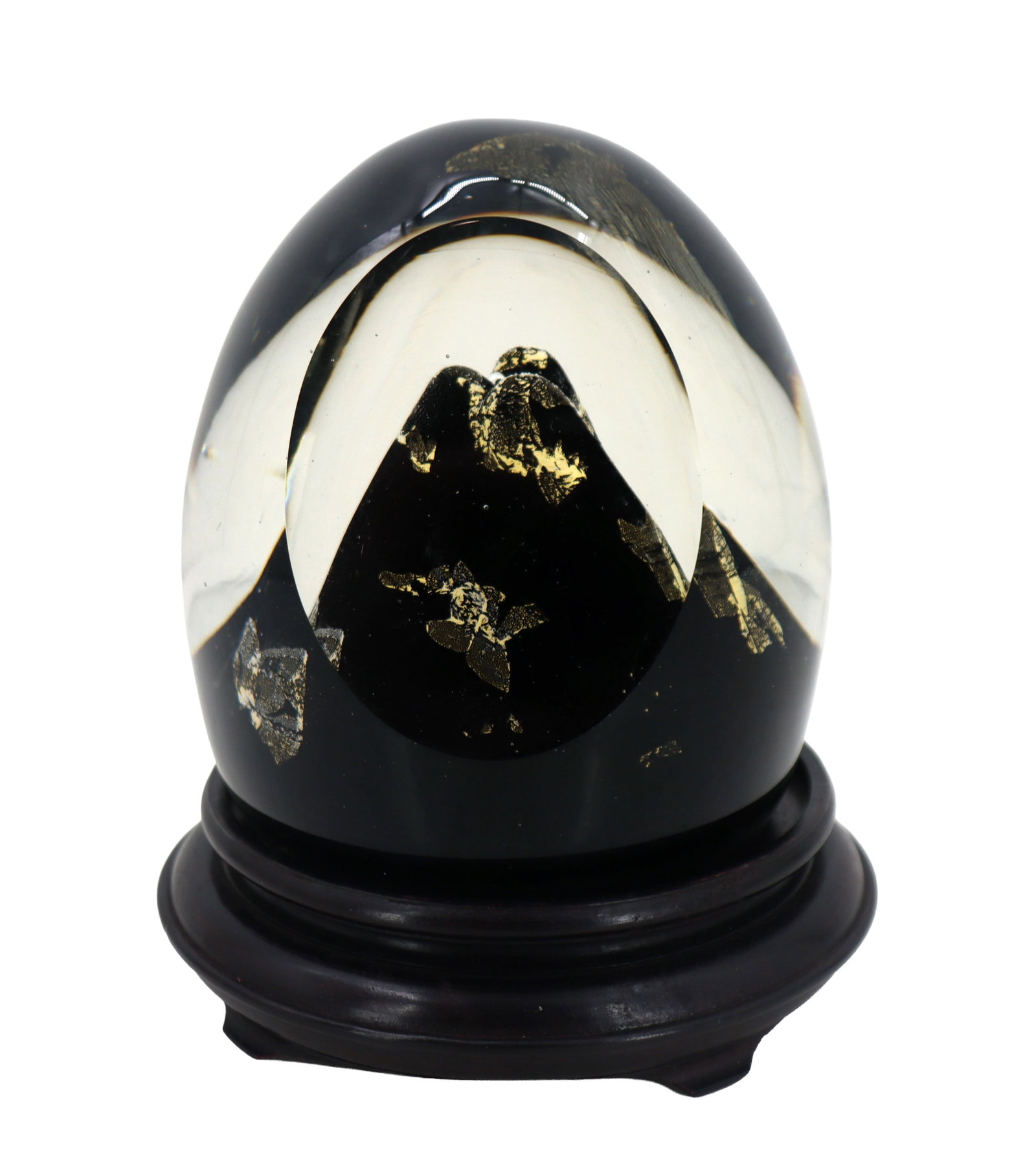 Toan Klein (Born 1949) American/Canadian, GATO Art Glass Paperweight and Wood Base: Toan Klein (Born 1949) American/Canadian, GATO Art Glass Paperweight and Wood Base. Visible within the egg shape is a mountain form with distressed gold leaf accents. Stand is carved and rounded to