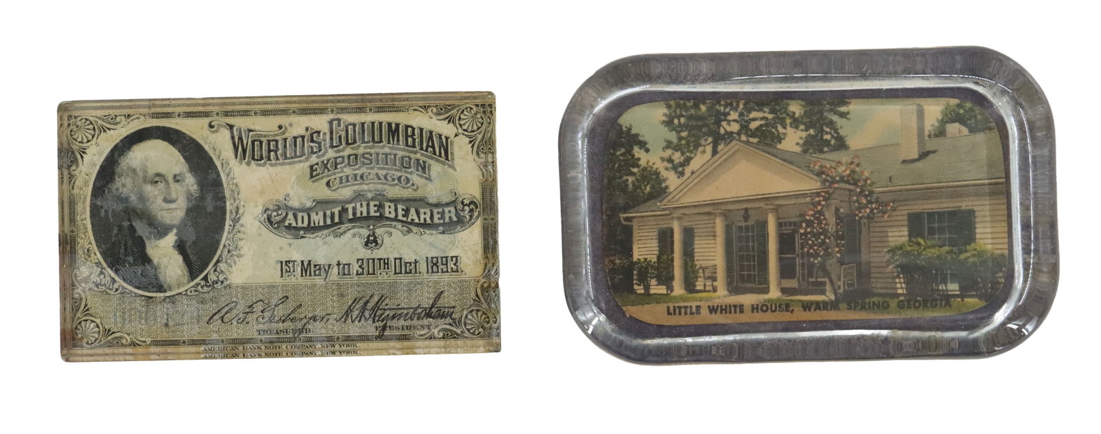 (2) Vintage Glass Paperweights: Pair of vintage glass paperweights enclosing 1893 World's Columbian Exposition admission ticket featuring a portrait of George Washington, one with the "Little White House" in 