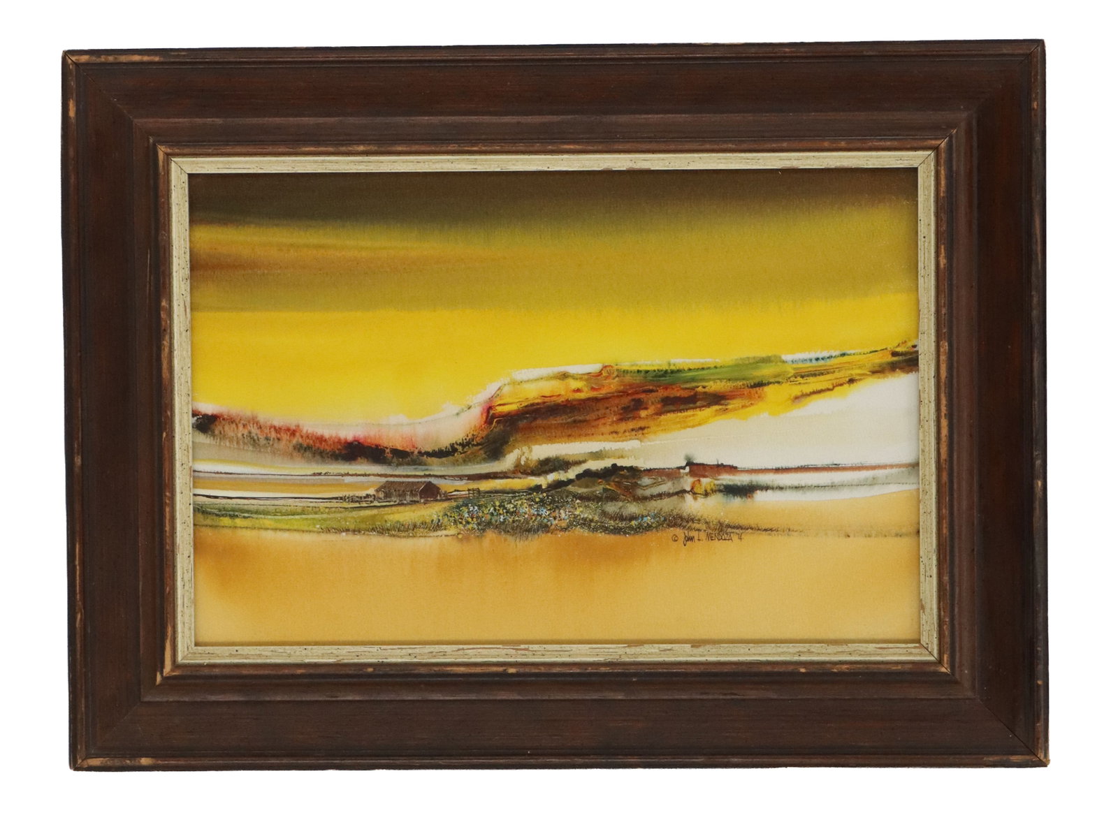 John L. Mendoza (21st Century) American, Watercolor on Paper Expressionist Landscape: Abstract watercolor landscape painting dominated by vibrant yellow tones, depicting a stylized horizon with a small structure nestled amidst fluid bands of color and earth. Overall Size: 14 1/4 x 19 1