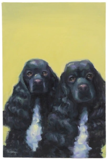 Victoria Mimiaga (Born 1957) American, Original Oil on Canvas: Victoria Mimiaga (Born 1957) American, Original Oil on Canvas. Depicts two adorable cocker spaniels against a yellow background. Signed bottom left. Unframed. Size: 20 x 30 in. Victoria Mi