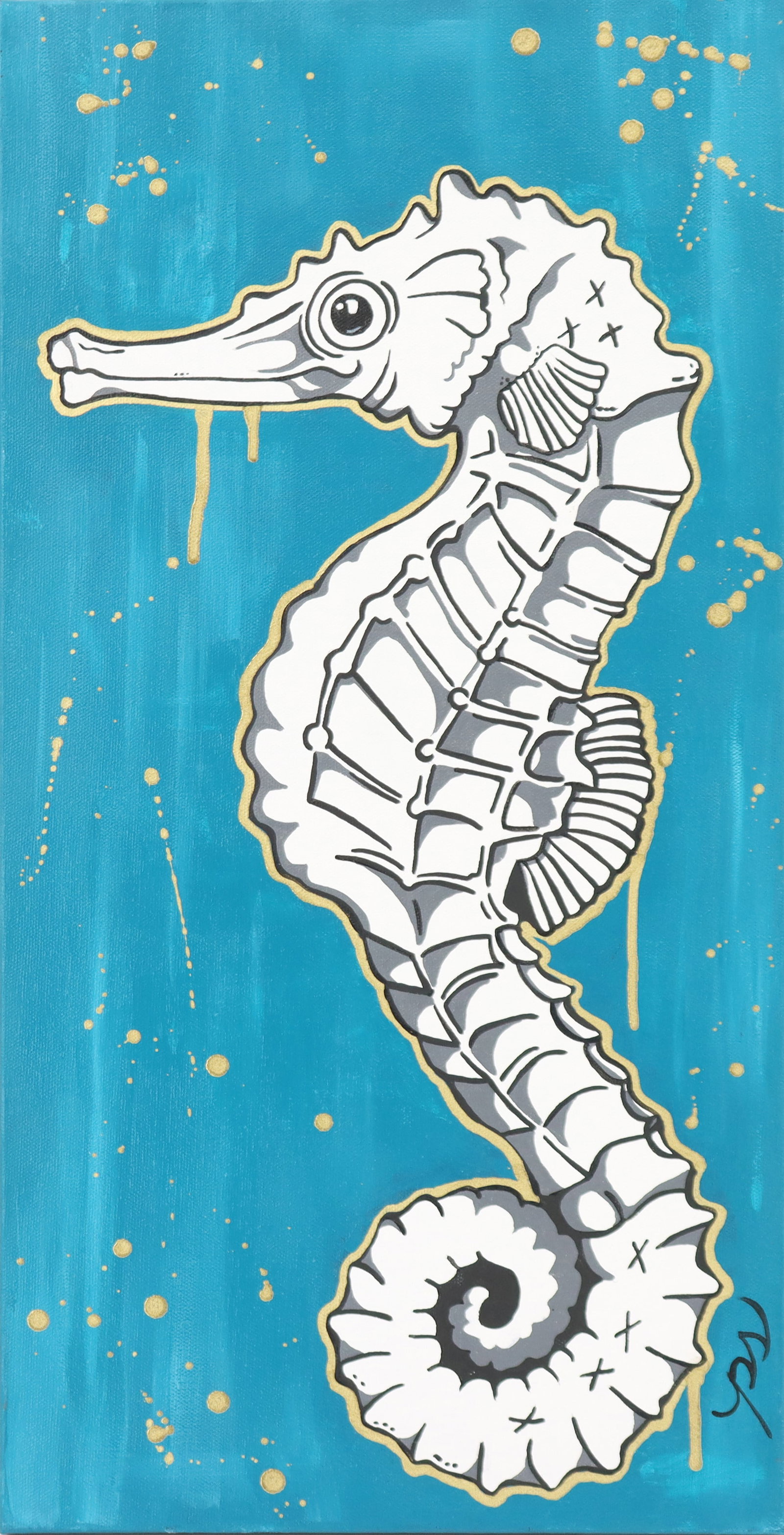 Patti Suzette (Born 1984) American, Original Pop Art Oil on Canvas "Blowing Bubbles 1": Patti Suzette (Born 1984) American, Original Pop Art Oil on Canvas "Blowing Bubbles 1". A whimsical composition of a sea horse in bold lines and stark white body outlined in gold a