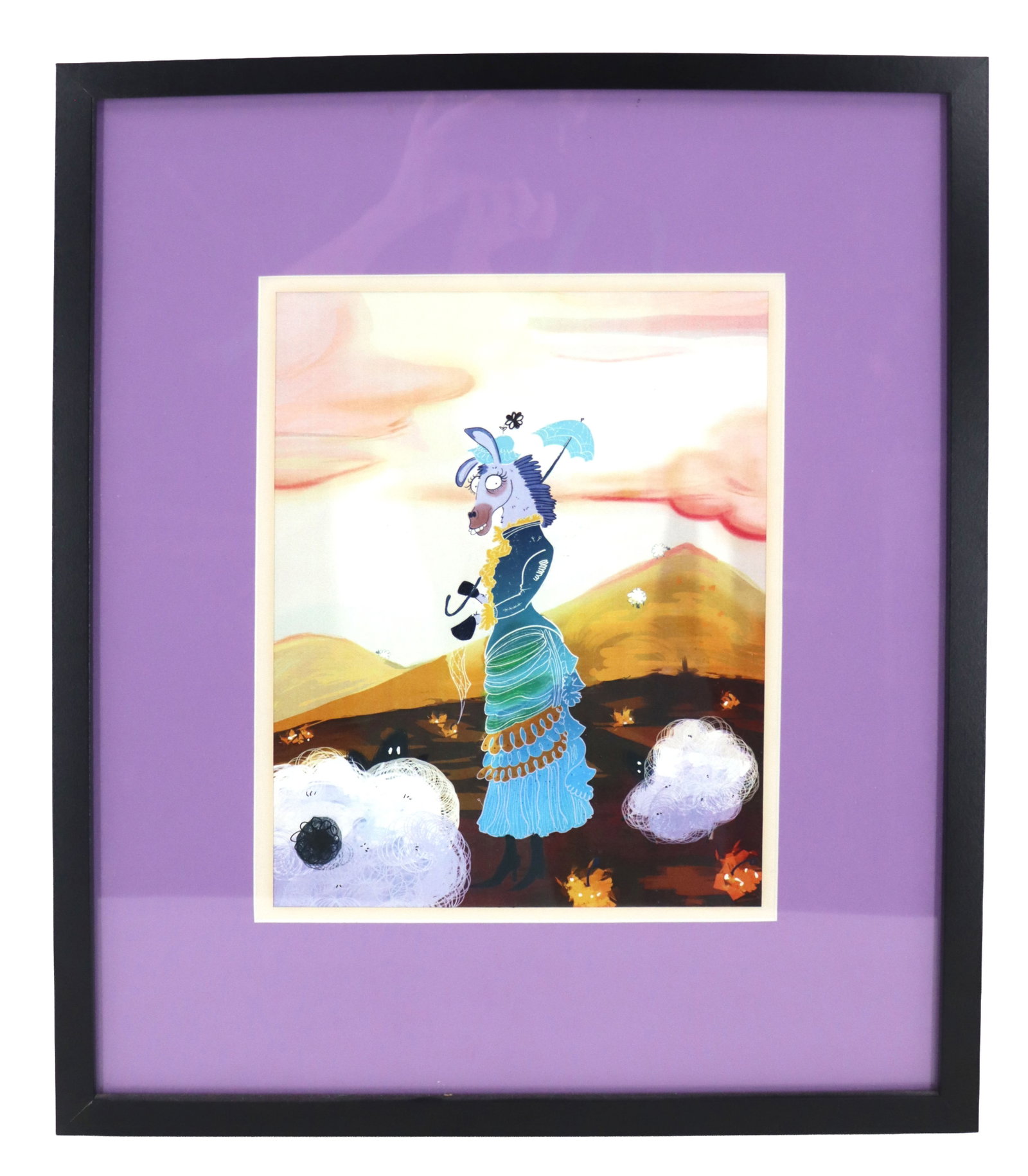 "Donkey Skins" 2016 Ringling College Student Surrealist Mixed Media on Paper: "Donkey Skins" 2016 Ringling College Student Surrealist Mixed Media on Paper. A whimsical image of a woman in 1800s garb and parasol in the midst of a stylized Western landscape, but the wom
