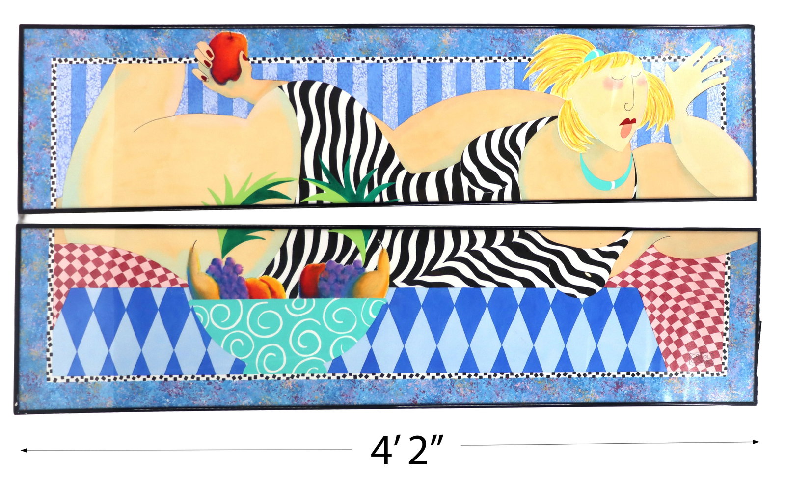 Carol Cook (1946-2021) American, Mixed Media Pop Art Figural Diptych: Carol Cook (1946-2021) American, Mixed Media Pop Art Figural Diptych. Two-panel, elongated diptych artwork depicting a stylized, blonde woman in a black-and-white striped swimsuit lounging behind a ta