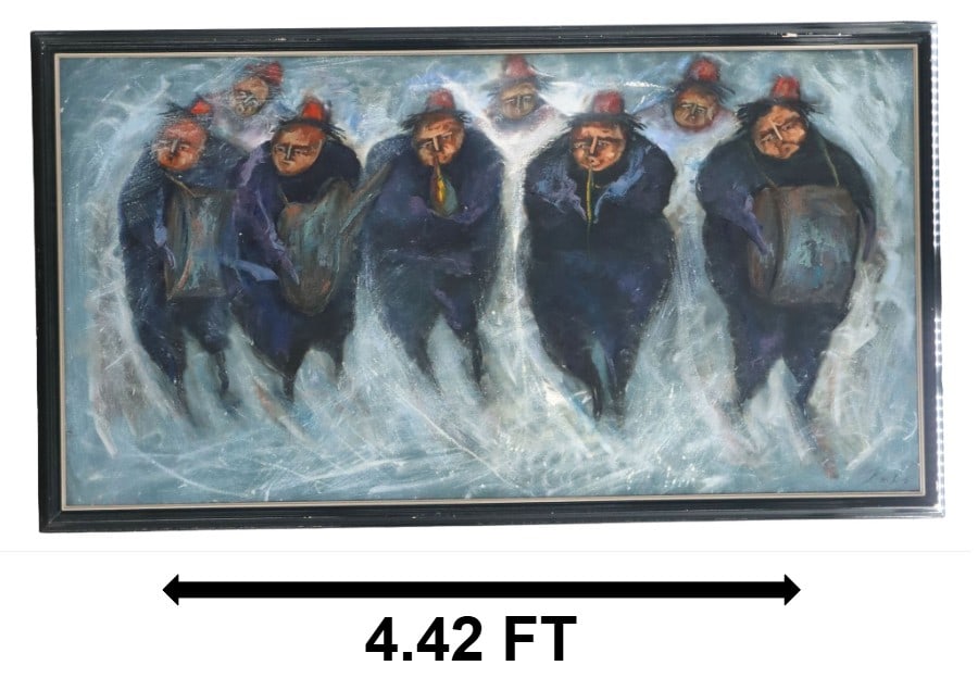 Jaime Romero (Born 1961) Ecuadorian, "Banda Mocha" Expressionist Oil on Canvas: Jaime Romero (Born 1961) Ecuadorian, "Banda Mocha" Expressionist Oil on Canvas. The long framed work shows men in dark clothes and red hats playing instruments. Signed bottom right. Much inf