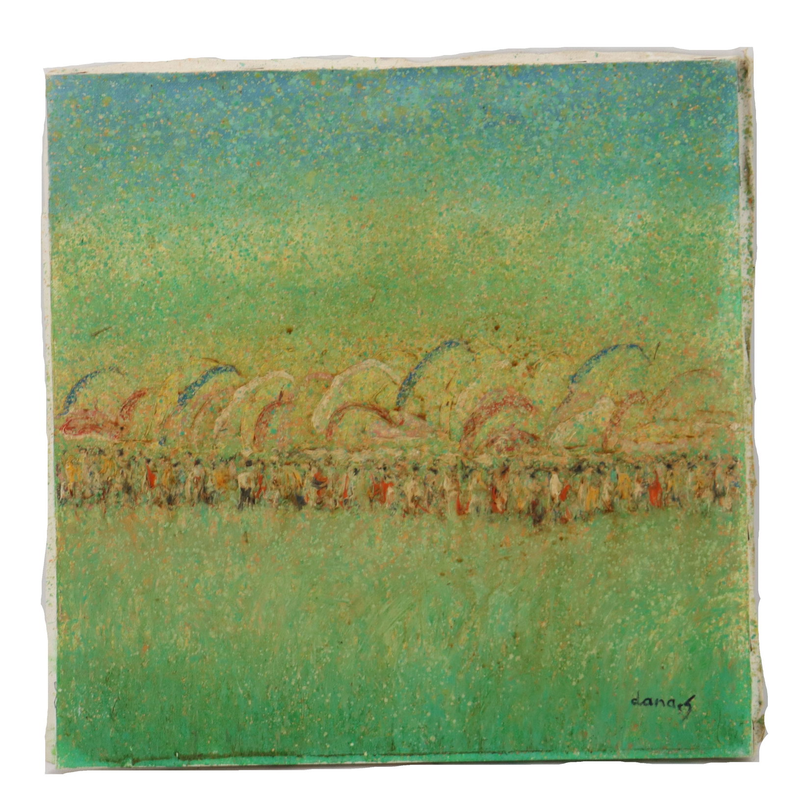 Signed Oil on Canvas Abstract Impressionist: Signed Oil on Canvas Abstract Impressionist. Impressionistic, heavily textured painting features a dense horizontal procession of small, stylized figures beneath a row of colorful, arched canopies, al