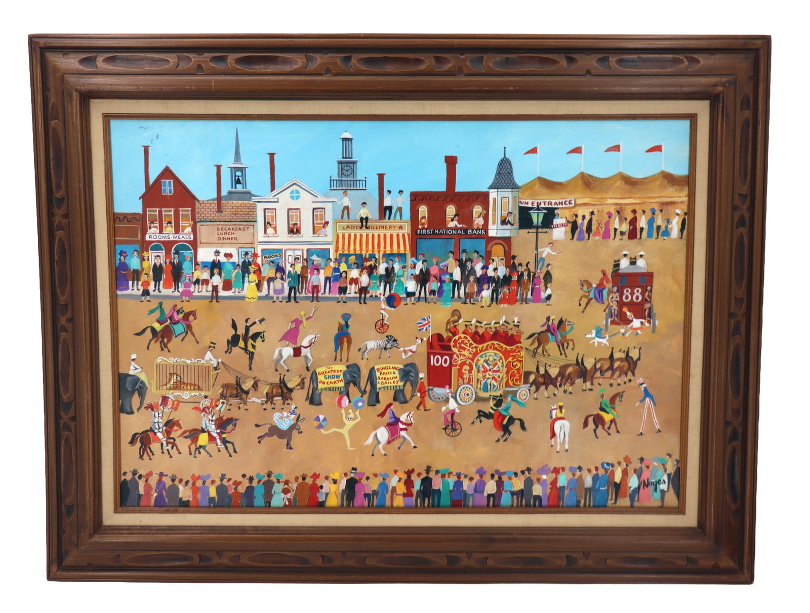 Harold Noyes (1911-2004) American, Oil on Canvas Town Parade: Harold Noyes (1911-2004) American, Oil on Canvas Town Parade. Folk art painting depicting a vibrant circus parade-complete with performers, elephants, caged animals, and ornate wagons-marching through
