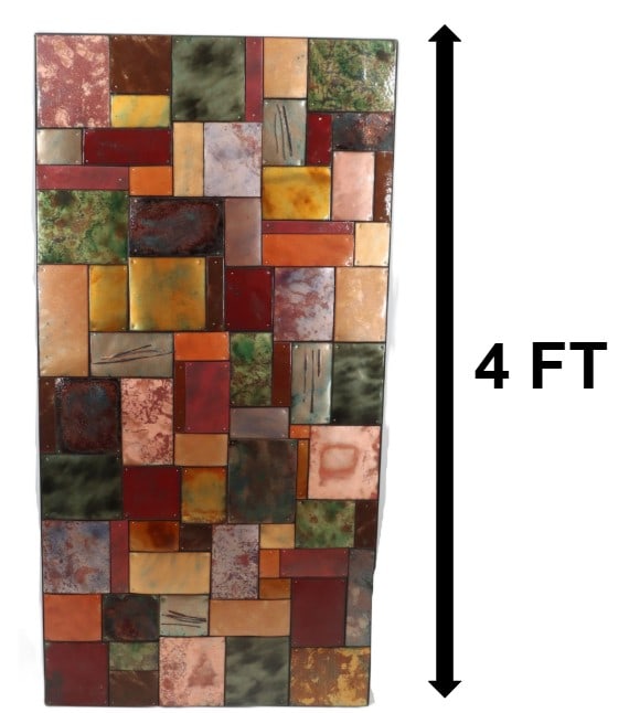 Kim Eubank and Will Armstrong (21st Century) American, Large Copper Enamel "Metal Quilt" Wall Art: Kim Eubank and Will Armstrong (21st Century) American, Large Copper Enamel "Metal Quilt" Wall Art. Abstract wall sculpture composed of numerous rectangular metal tiles featuring diverse enam