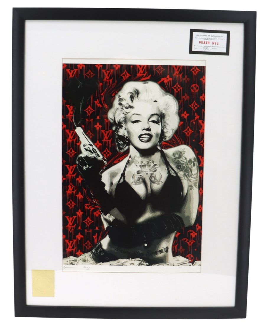 Death NYC (Born 1979) American, Louis Vuitton Marilyn Monroe Silkscreen Print: Death NYC (Born 1979) American, Louis Vuitton Marilyn Monroe Silkscreen Print. Signed bottom left. Certificate of Authenticity signed by the artist in the upper right of the frame. Ove
