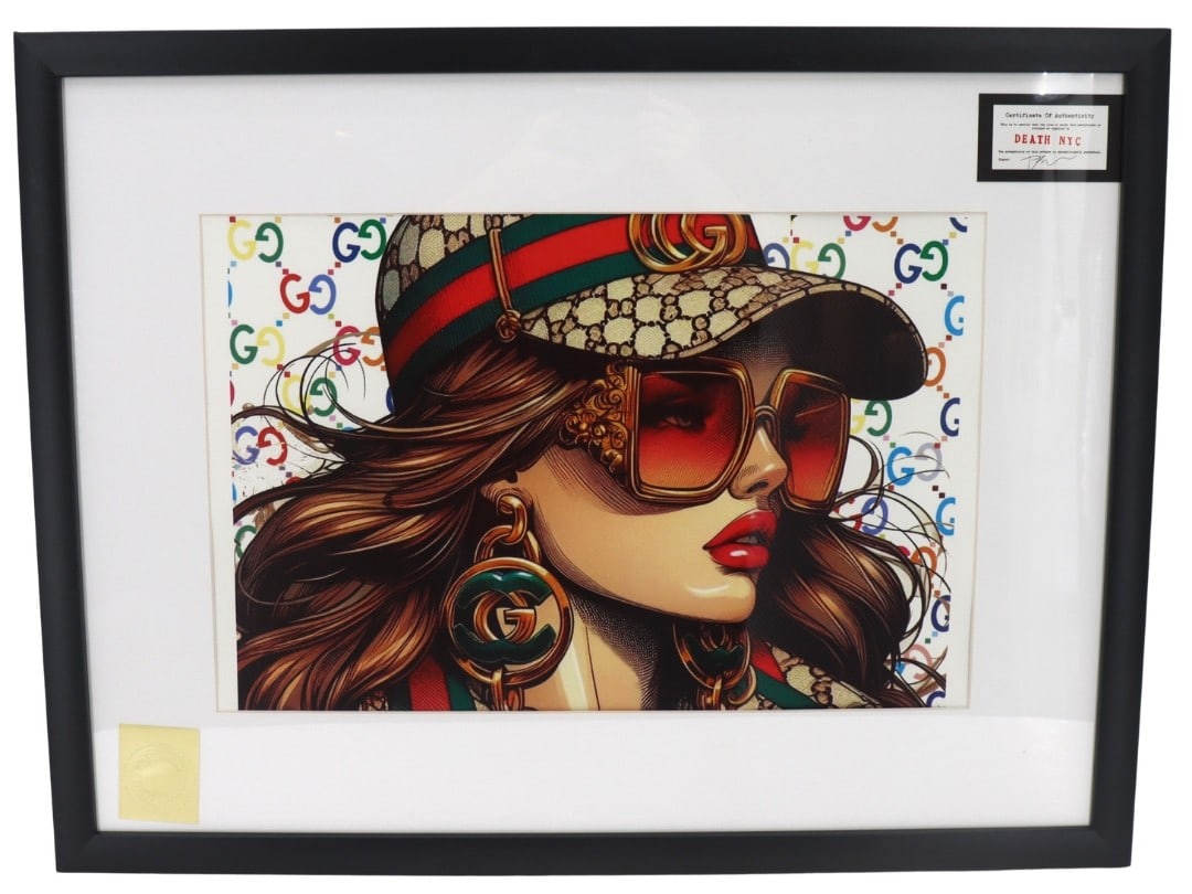 Death NYC (Born 1979) American, Gucci Silkscreen Print: Death NYC (Born 1979) American, Gucci Silkscreen Print. Certificate of Authenticity signed by the artist in the upper right of the frame. Overall Size: 26 x 20 in. Sight Size: 11 1/2 x 17 