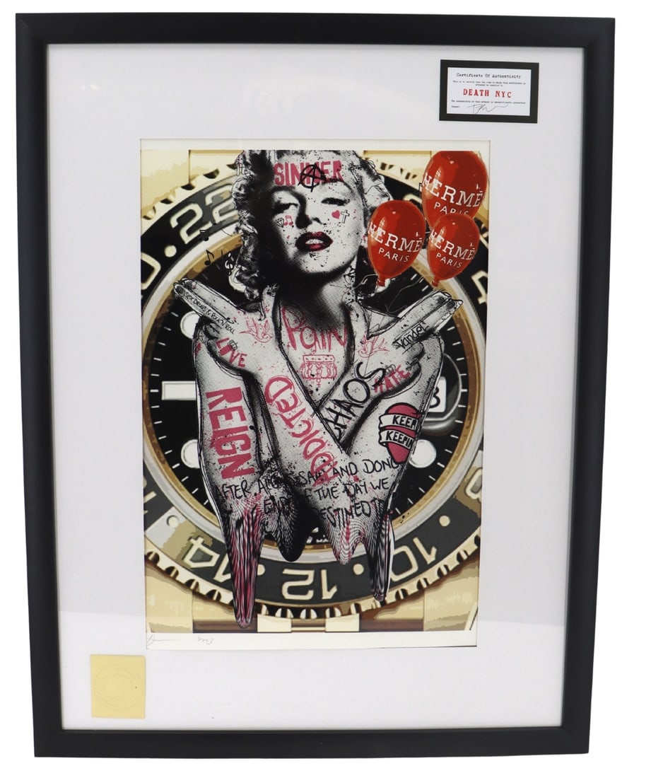Death NYC (Born 1979) American, Hermes Marilyn Monroe Silkscreen Print: Death NYC (Born 1979) American, Hermes Marilyn Monroe Silkscreen Print. Signed bottom left. Certificate of Authenticity signed by the artist in the upper right of the frame. Overall Size: 2