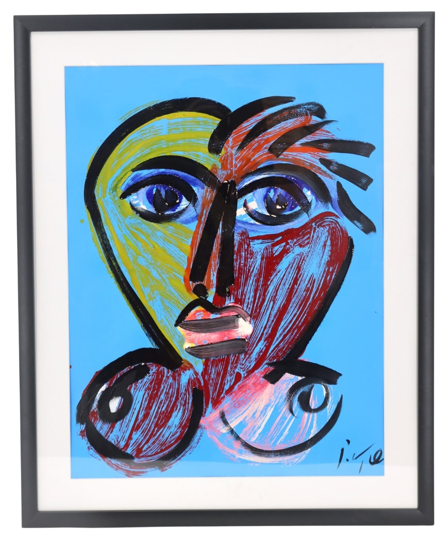 Peter Robert Keil (Born 1942) German, Acrylic on Canvas Paper: Peter Robert Keil (Born 1942) German, Acrylic on Canvas Paper. An abstract face and breasts. Signed bottom right. Overall Size: 32 x 26 1/2 in. Sight Size: 25 1/2 x 19 in. Born in 19