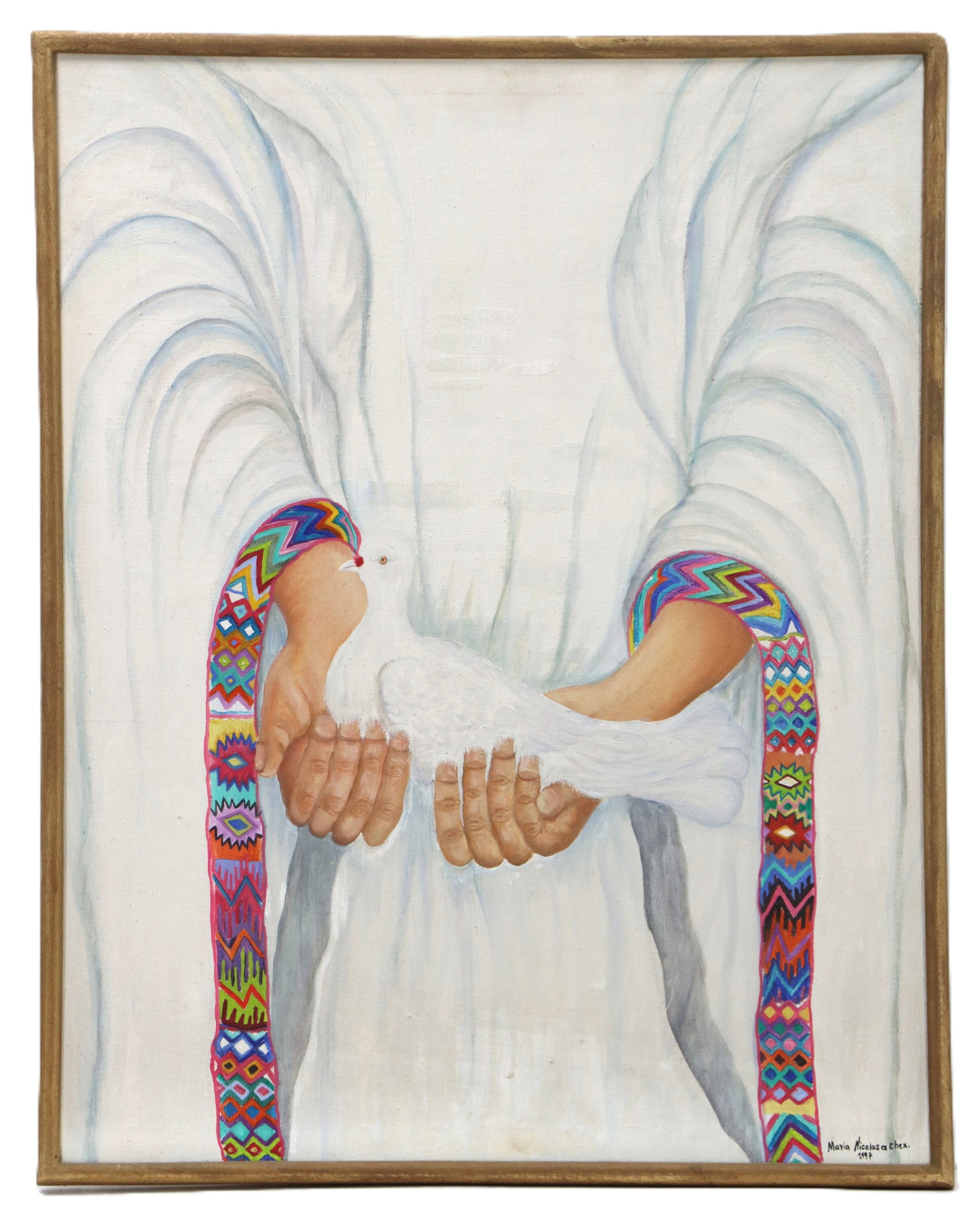 Maria Nicolasa Chex Nicho (Born 1968) Guatemalan, Oil Painting of a Woman Holding a Dove, "Peace": Maria Nicolasa Chex Nicho (Born 1968) Guatemalan, Oil Painting of a Woman Holding a Dove, "Peace". Signed. She is a member of the Kaqchikel Woman Painter Group. She has exhibited extensively and is kn
