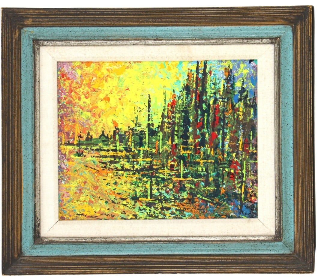 Charles Melohs (1908-1982) American, Oil on Canvas Panel, "New York Dawn": Charles Melohs (1908-1982) American, Oil on Canvas Panel, "New York Dawn". 1975. Provenance on reverse. Charles Melohs (Charles Weissman 1908-1982) was born in Brooklyn, New York. He spent his childho