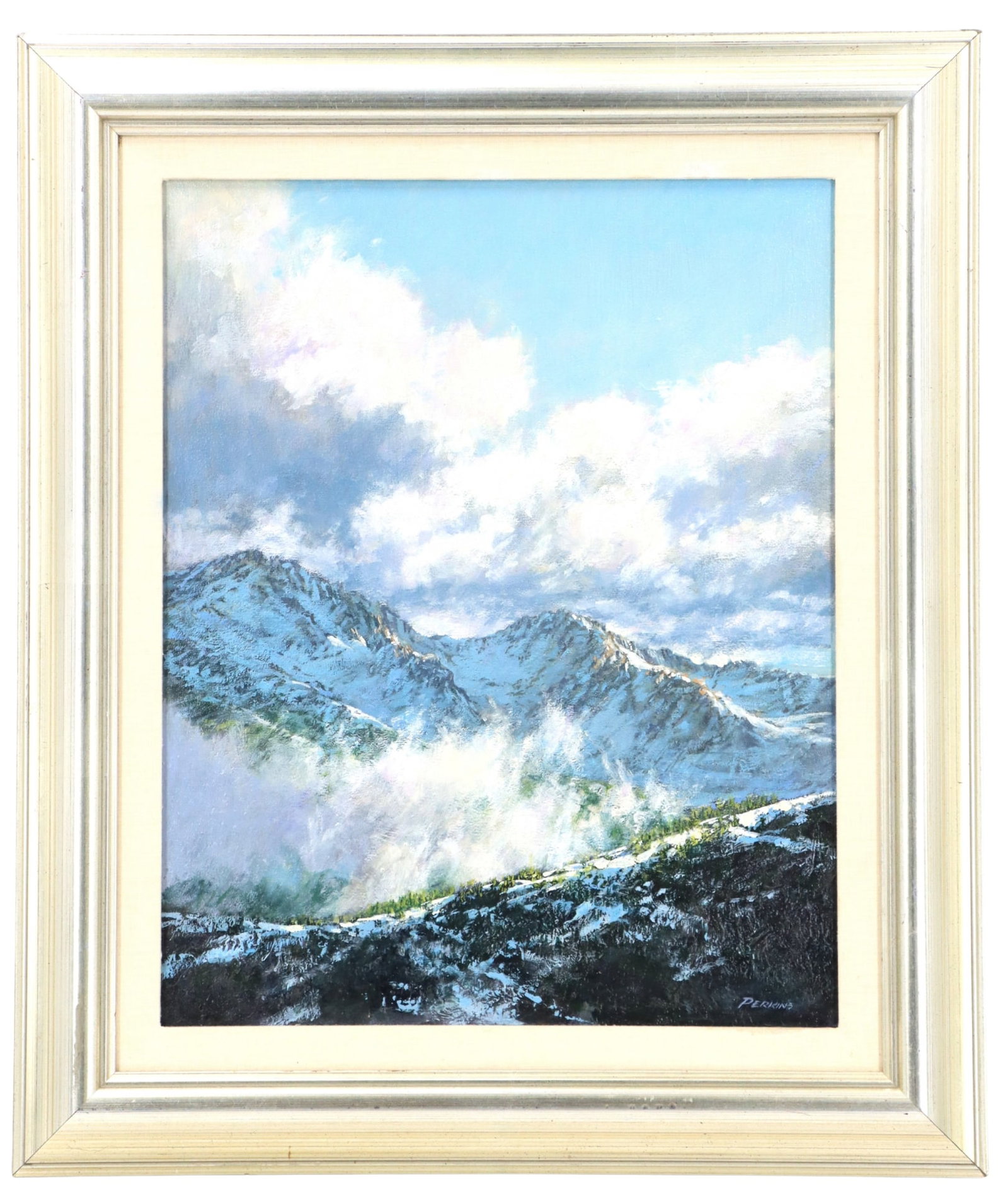Davis Perkins (20th/21st Century) Oil on Canvas Painting of Mountains in Snow and Clouds (1 of 9)