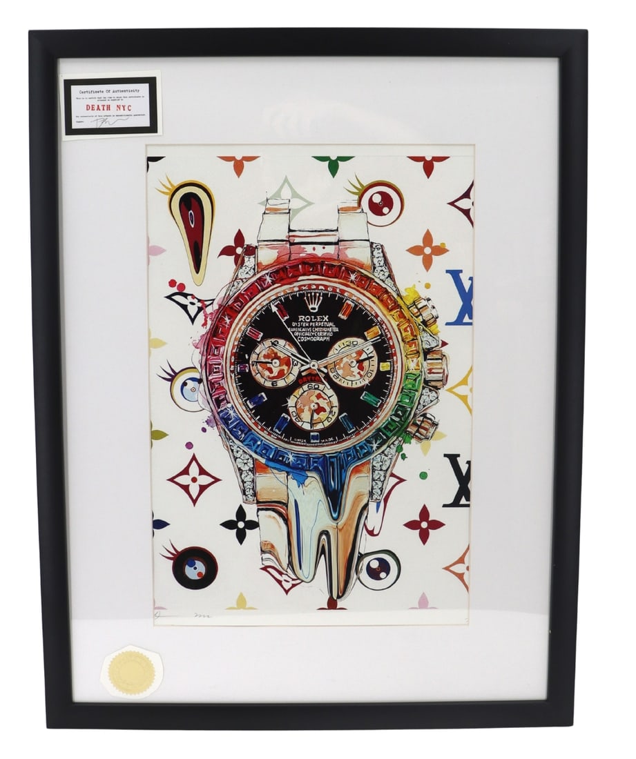 Death NYC (Born 1979) American, Rolex Silkscreen Print: Death NYC (Born 1979) American, Rolex Silkscreen Print. Signed bottom left. Certificate of Authenticity signed by the artist in the upper left of the frame. Overall Size: 26 x 20 in.&n