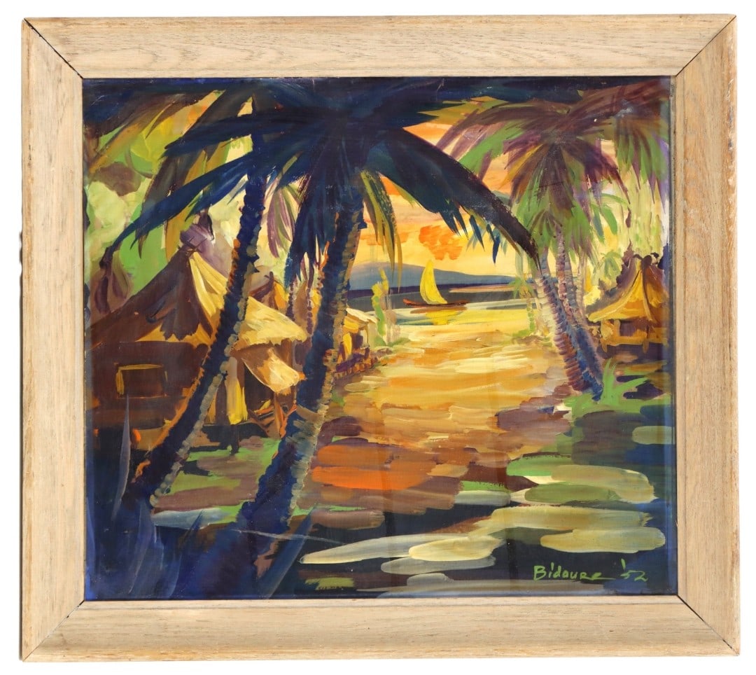 Salvador Brac Bidaure (1925-2019) Filipino, Oil on Board, Coastal Scene with Sailboats and Huts: Salvador Brac Bidaure (1925-2019) Filipino, Oil on Board, Coastal Scene with Sailboats and Huts. Signed and dated 1952. Salvador Brac Bidaure (1925â€“2019) was a celebrated Filipino visual art