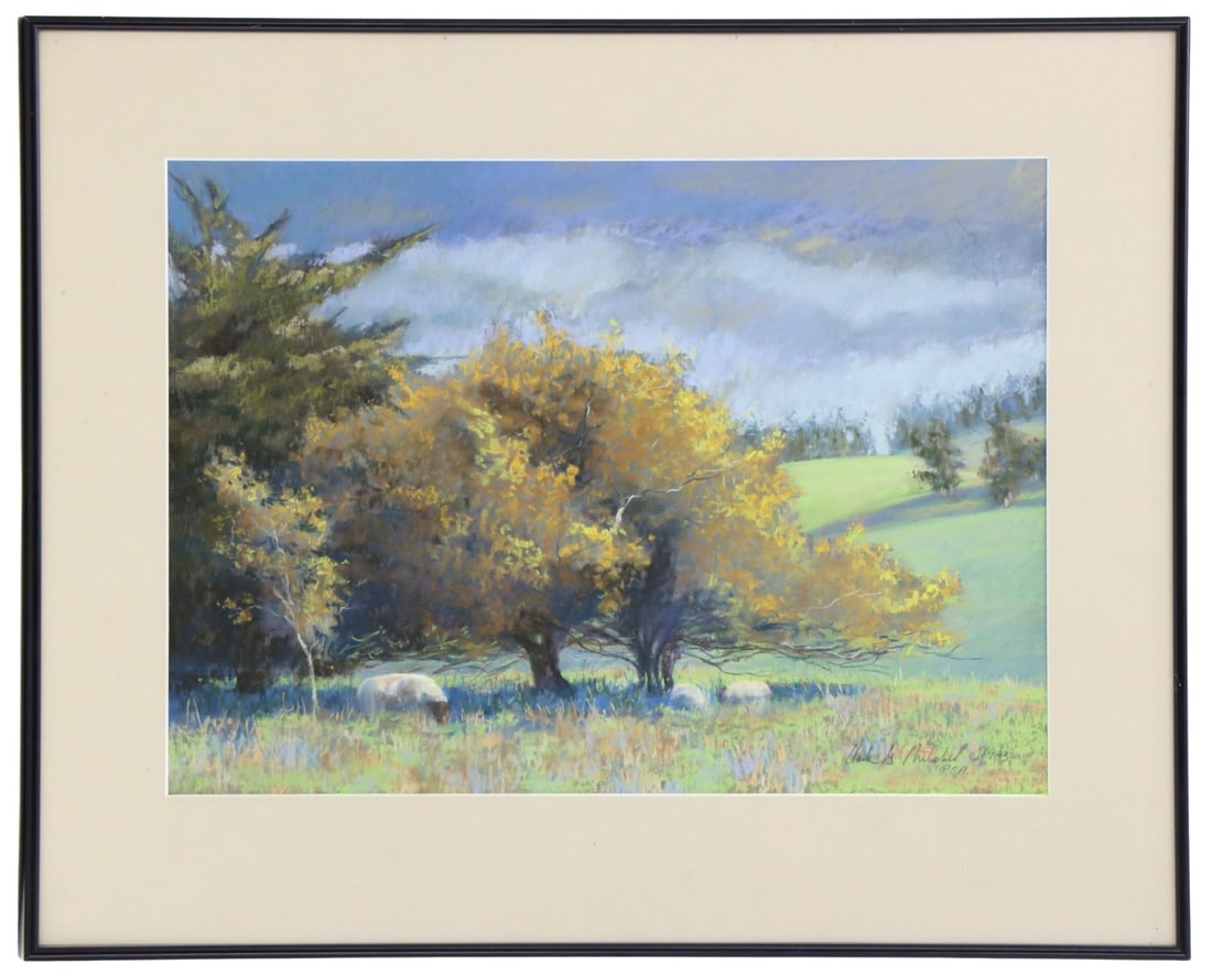 Clark G. Mitchell (20th/21st Century) American, Pastel on Paper, Landscape with Sheep Under a Tree: Clark G. Mitchell, 20th/21st Century American, Pastel on Paper, Landscape with Sheep Under a Tree. Signed lower right and inscribed PSA. Mitchell is a designated "master" member of the Pastel Society 