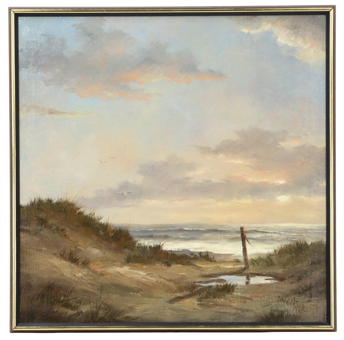 Robert Wee (1927-2021) American, Oil on Canvas, California Coastal: Robert Wee (1927-2021) American, Oil on Canvas, California Coastal. Signed lower right. Artist's original label verso. Born in 1927 in Estherville, Iowa, Robert Wee developed an affinity for the expan