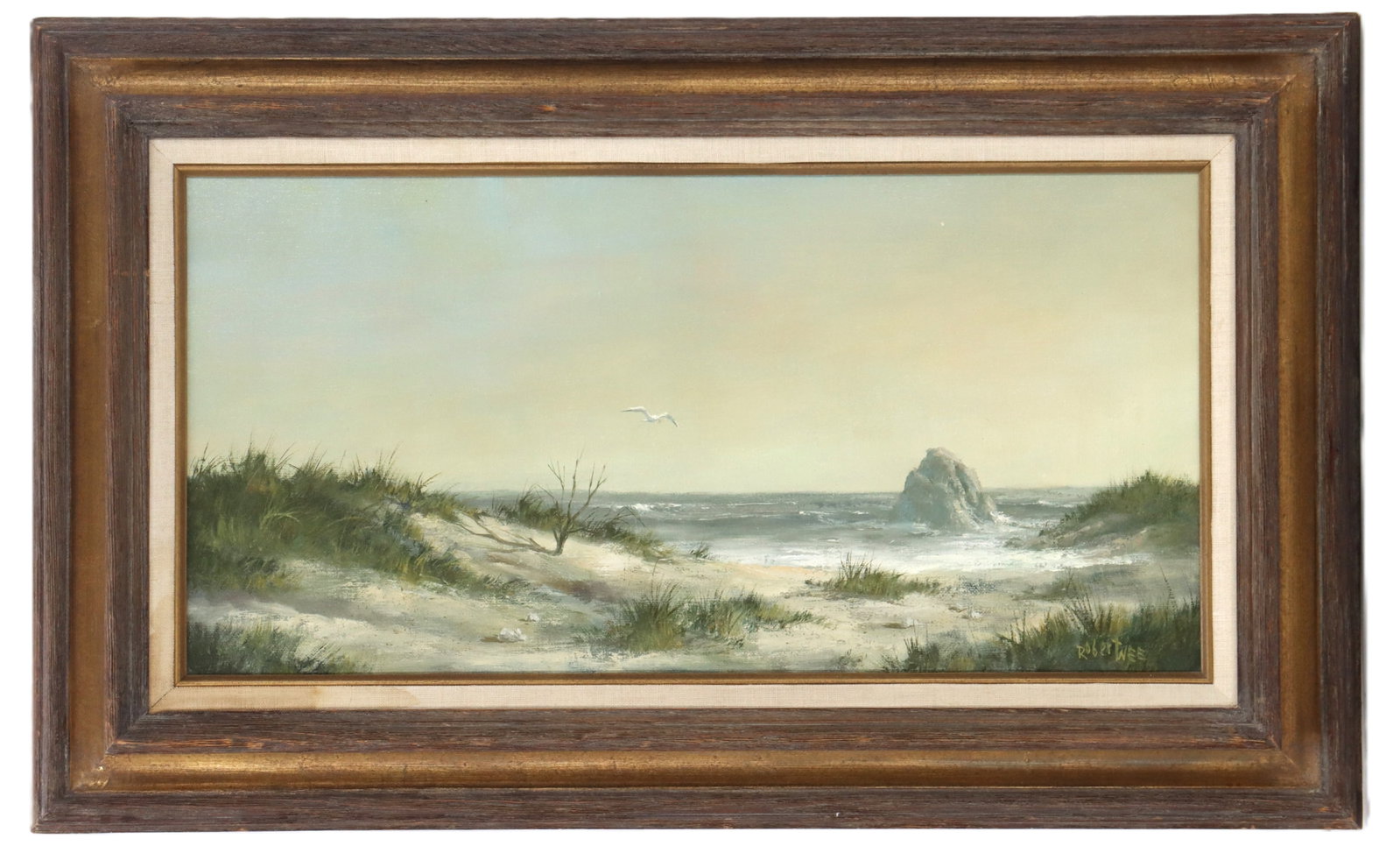 Robert Wee (1927-2021) American, Oil on Canvas, Southern California Beach: Robert Wee (1927-2021) American, Oil on Canvas, Southern California Beach. Signed lower right. Original label verso. Born in 1927 in Estherville, Iowa, Robert Wee developed an affinity for the expansi