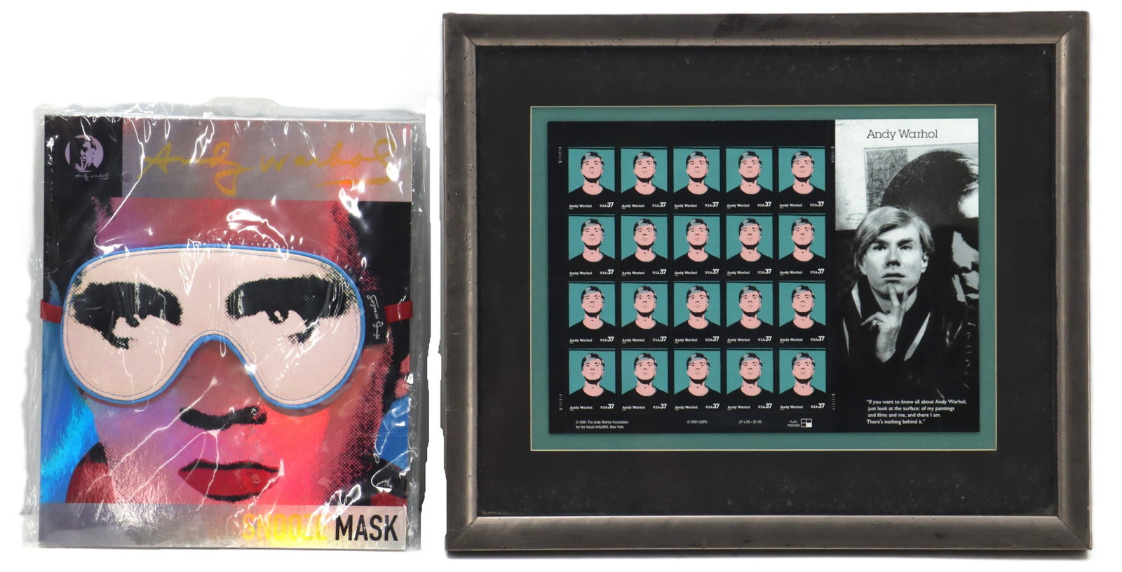 Andy Warhol Sleep Mask and Commemorative U.S. Postage Stamp Sheet: Andy Warhol Sleep Mask and Commemorative U.S. Postage Stamp Sheet. Overall Size: 12 1/2 x 15 in. Sight Size: 8 x 10 3/4 in.