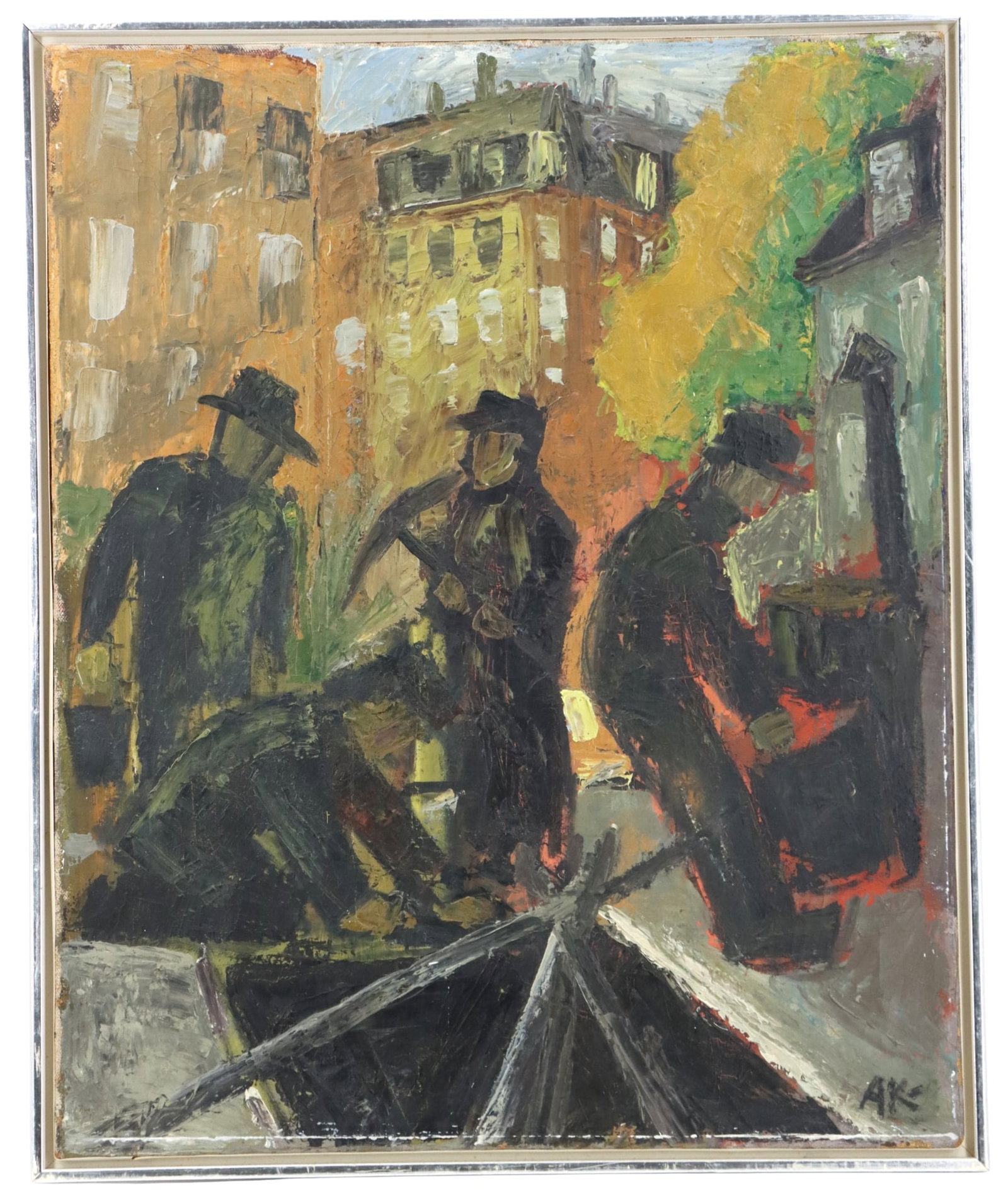 Albert Kruger (1885-1965) Swedish, Oil on Canvas City Scene with Men Working: Albert Kruger (1885-1965) Swedish, Oil on Canvas City Scene with Men Working. Signed lower right. Albert Sigfrid KrÃ¼ger, born 01.11.1885 in Ã–straby parsih, SkÃ¥ne, died 08.06.1965 in Ma