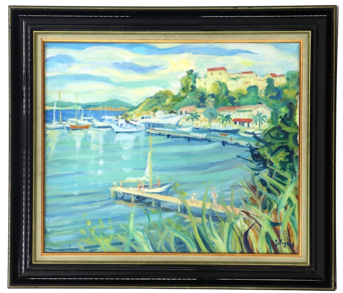 Gerard Fagard (1938-2021) French, Oil on Canvas, "The Port of Port Cros": Gerard Fagard (1938-2021) French, Oil on Canvas, "The Port of Port Cros". South of France. GÃ©rard Fagard (1938â€“2021) was a French painter renowned for his vibrant use of color and his Fau
