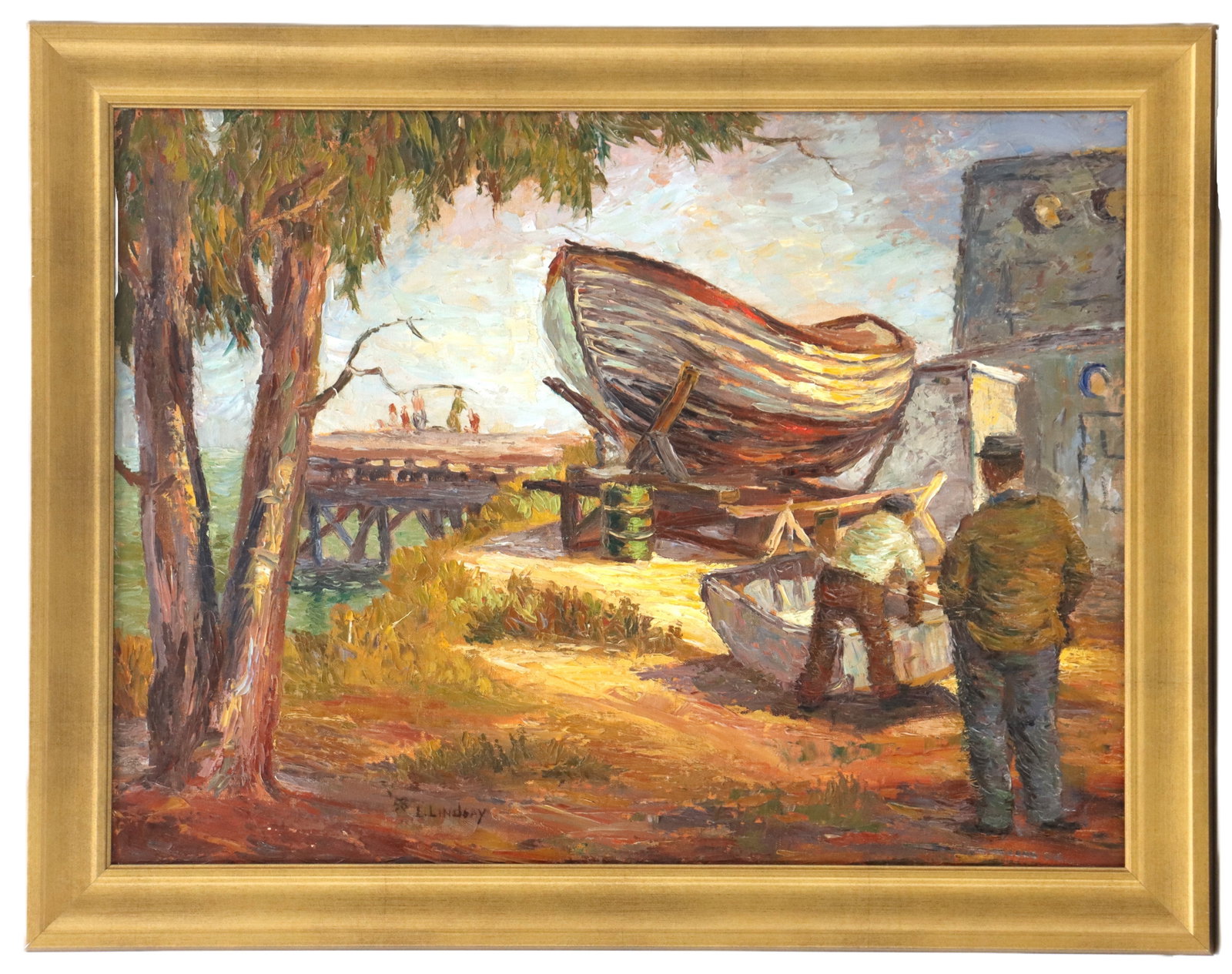 Lorain Lindsay (Born 1923) American, Oil on Canvasboard, "Coyote Point, 1958": Lorain Lindsay (Born 1923) American, Oil on Canvasboard, "Coyote Point, 1958". 20th Century San Francisco Bay boatyard scene. Signed and dated lower left. Lindsay is known for paintings of iconic San 