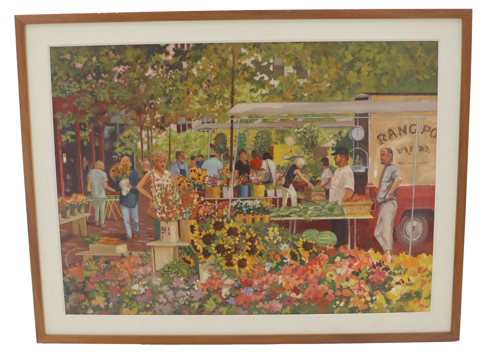 Robert Solotaire (1930-2008) American, Street Scene Oil on Board: Robert Solotaire (1930-2008) American, Street Scene Oil on Board. Depicts a vibrant, lush farmer's market scene with people strolling near a flower garden buying goods from a seller at a stand. Si