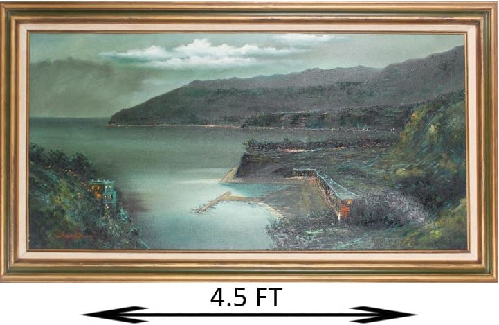 Large Vintage Oil Coastal Resort, Signed Winter: Large Vintage Oil of a Coastal Resort, Signed Winter. Overall size: 31 x 54 1/2 in. Sight size: 23 1/2 x 47 1/2 in. 
