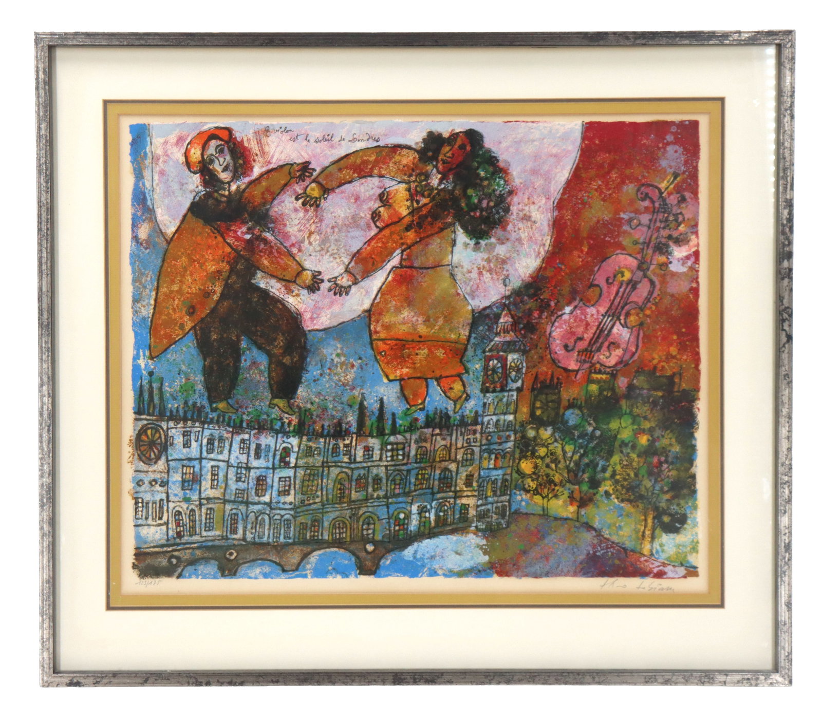 Theo Tobiasse (1927-2012) French/Israeli, Abstract Serigraph: Theo Tobiasse (1927-2012) French/Israeli, Abstract Serigraph. Titled "Ce Violon Est Le Soleil De Londres" in the upper left corner. Depicts a large couple dancing on top of a city bridg
