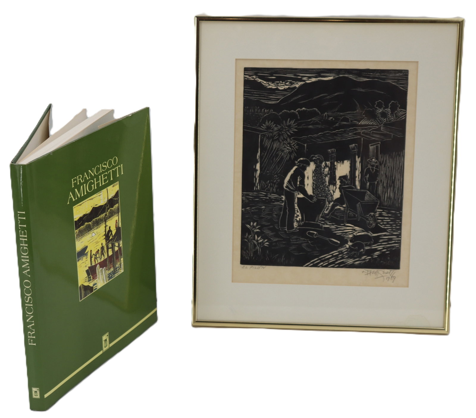 Francisco Amighetti (1907–1998) Costa Rica, Signed Woodblock Figurative Print "El Pilon" and Art: Francisco Amighetti (1907–1998) Costa Rica, Signed Woodblock Figurative Print "El Pilon". 1989 woodcut print, titled El Pilón, depicts a stylized, high-contrast rur